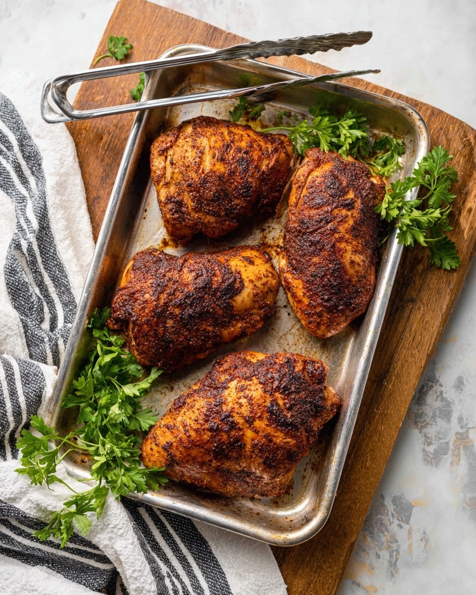 Four cooked chicken pieces with a rich brown color and crispy, seasoned texture are placed in a silver baking tray. The tray rests on a wooden board with green parsley sprigs around it. A pair of silver tongs is placed above the tray, and a white cloth with dark stripes is partially visible below. The scene has a white marbled surface background. Photo taken with an iphone --ar 4:5 --v 7