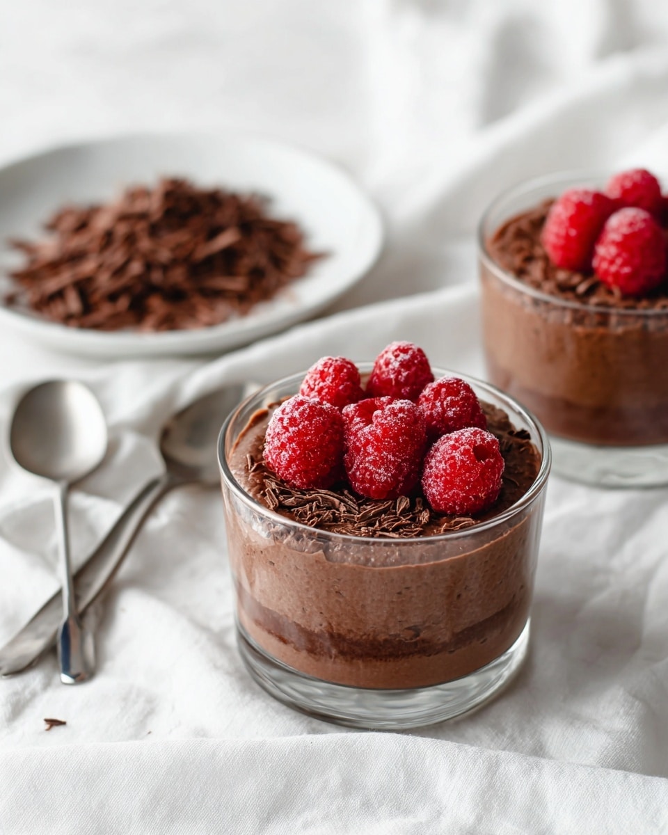Two clear glass cups each have three layers: the bottom layer is dark brown chocolate pudding with a textured surface, the middle layer is finely grated darker chocolate shavings, and the top layer is made of five bright red frozen raspberries with a frosty look. One cup is in the front center and the other is blurred slightly in the background to the right. Behind the front cup, there is a white plate filled with scattered dark chocolate shavings. Two silver spoons lie on a soft white fabric with subtle folds, all set on a white marbled texture. The lighting is soft and natural, highlighting the textures and colors. photo taken with an iphone --ar 4:5 --v 7