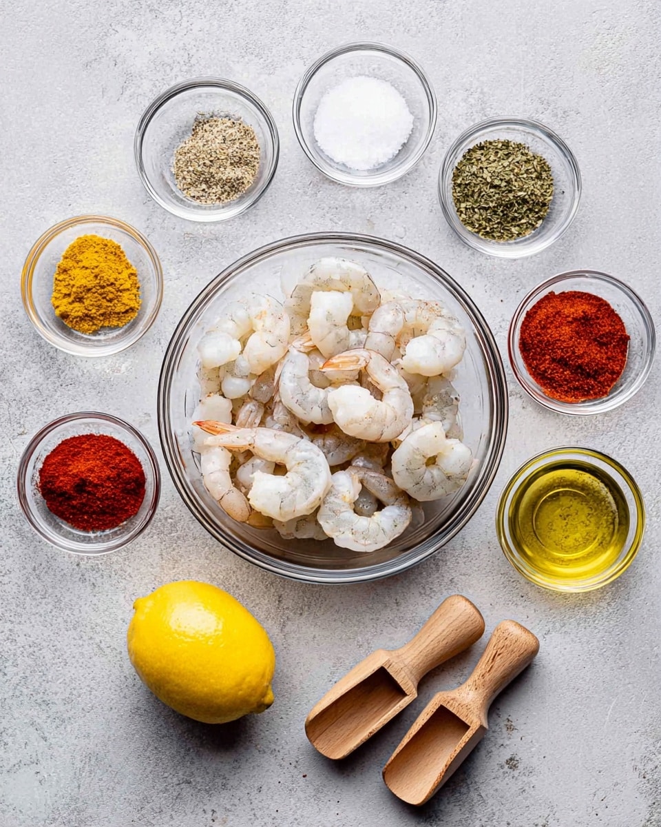 A clear glass bowl in the center is filled with raw shrimp, showing their pale pink and white curled bodies. Around it, various small clear glass bowls hold different spices and ingredients: white salt and black pepper mix, green dried herbs, bright red paprika, light yellow garlic powder, reddish-brown chili powder, and olive oil with a golden shine. Two wooden-handled measuring spoons hold powdered spices, placed near a bright yellow lemon. All this is set on a white marbled surface, clean and soft in texture, giving a fresh look. Photo taken with an iphone --ar 4:5 --v 7