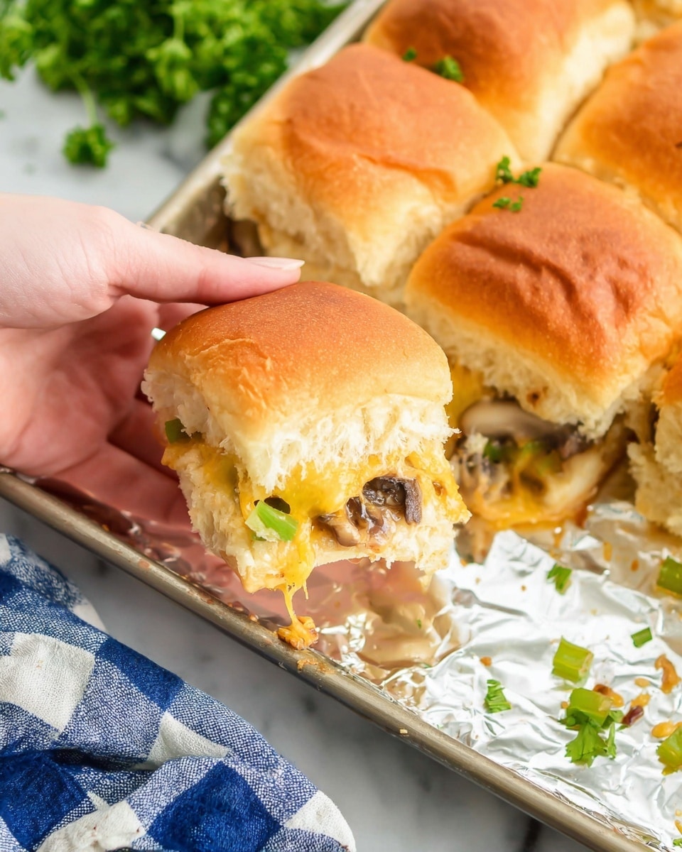 A close-up of a sandwich slider held by a woman's hand shows soft, golden-brown top buns. Inside the sandwich, layers include light yellow melted cheese stretching out, dark brown cooked mushrooms, and small pieces of green bell pepper visible under the cheese. The sandwiches are laid on a baking sheet lined with crinkled foil, with some sandwich pieces still together in the background and a few crumbs scattered around. The background surface is white marble with a hint of green parsley leaves visible in the top left corner. A blue-and-white checkered cloth is at the bottom left corner of the image photo taken with an iphone --ar 4:5 --v 7