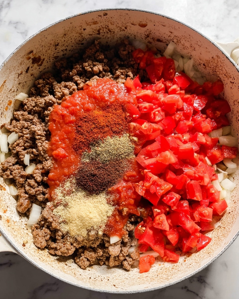 Inside a white cooking pot with soft edges, there is a textured mix of brown ground meat and white chopped onions that create the base layer covering the bottom and sides. On top of this, there is a bright red pile of diced tomatoes on the right side with their seeds visible, next to a smoother layer of red tomato sauce on the left. Over these tomato layers, there are two kinds of powder spices scattered mainly in the middle bottom area; one is a dark reddish-brown and the other is a light beige color, creating a strong contrast against the meat and tomatoes. The pot rests on a white marbled surface. photo taken with an iphone --ar 4:5 --v 7
