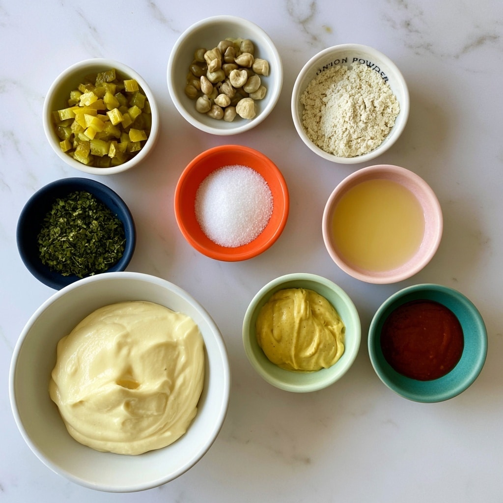 A white bowl on a white marbled surface holds a smooth, pale yellow mound of mayo at the bottom left. Around it, seven small white bowls form a loose circle, each with different ingredients: diced greenish-yellow dill pickles in the upper left, beige capers in the top center, a fine off-white powder labeled onion powder in the upper right, white granulated sugar in a bright orange bowl below the onion powder, light yellow lemon juice in a pink bowl to the right, green chopped parsley in a dark blue bowl at the bottom left, thick yellow dijon mustard in a pale green bowl below the lemon juice, and deep reddish-brown hot sauce in a teal bowl near the bottom right. Each ingredient is neatly contained in its bowl, spaced apart on the smooth white marbled background. Photo taken with an iphone --ar 4:5 --v 7