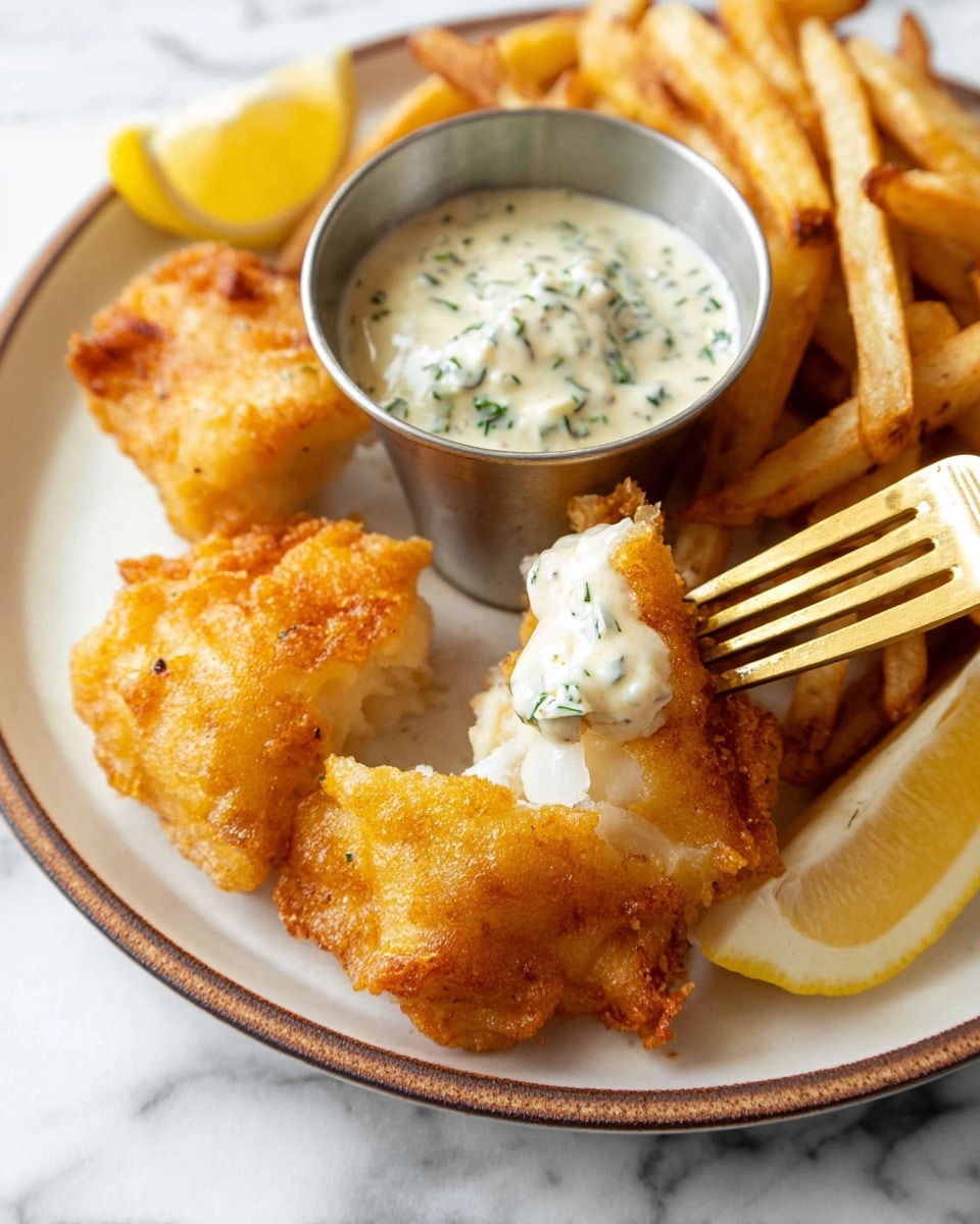 A white plate with a brown rim holds golden, crispy fried fish pieces with a rough textured coating, one piece showing flaky white fish inside and topped with creamy, white tartar sauce with green herbs. Next to the fish are thick-cut, golden french fries with a slightly crispy look. A small metal cup filled with the same creamy tartar sauce sits on the plate. There is a lemon wedge with yellow skin and white inside placed near the fries. A golden fork with tartar sauce on its prongs touches the fish piece in the middle. The background is a white marbled texture. Photo taken with an iphone --ar 4:5 --v 7
