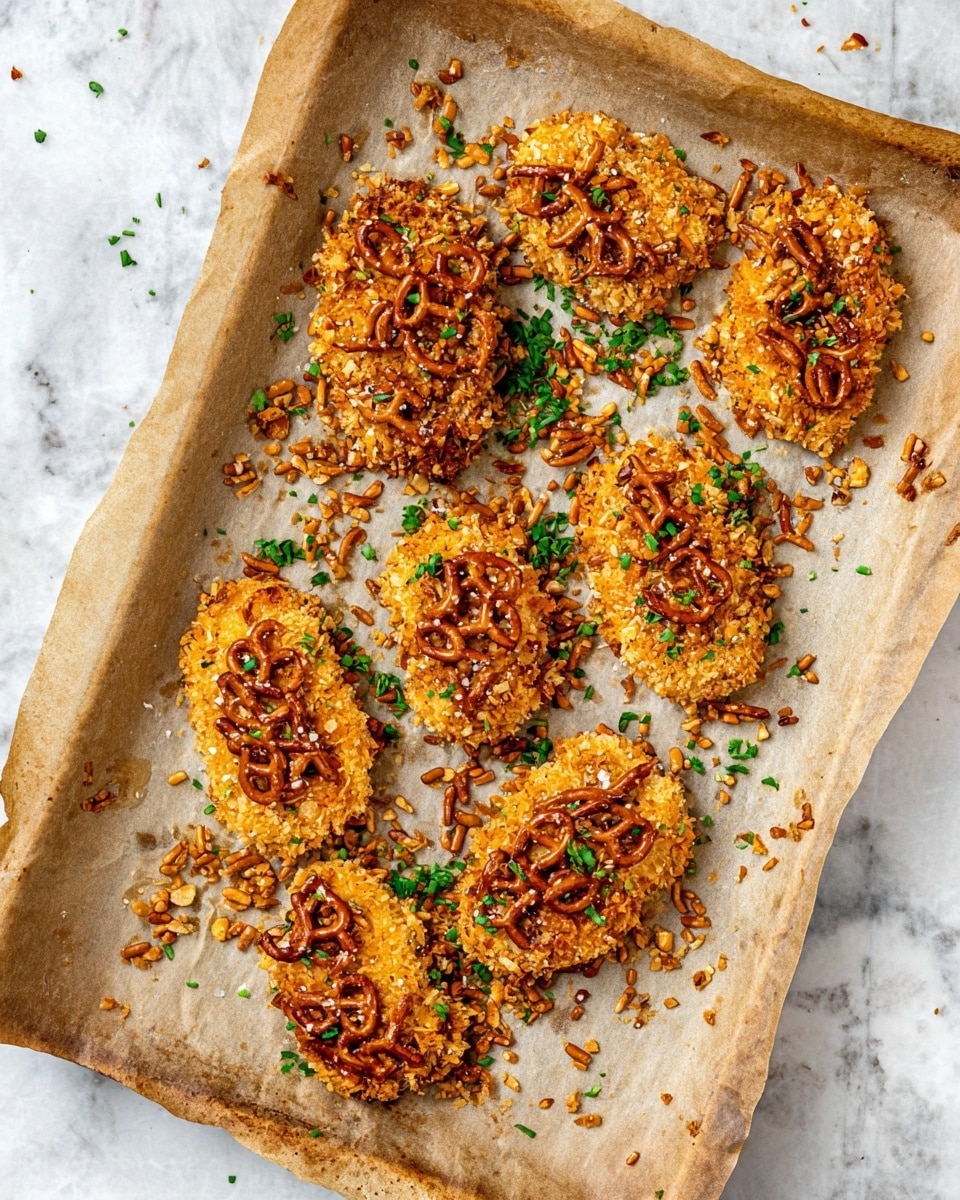 The image shows three pieces of fried chicken on a white plate with a white marbled texture beneath it. The chicken has a thick, crunchy outer layer made of broken pretzels that are golden brown and light brown with a rough texture. The chicken inside is white and juicy, visible where one piece is split open. Small green parsley leaves are scattered on the chicken and plate for color. On the side, part of a light beige bowl with a creamy white dipping sauce is visible. A single whole parsley leaf also lies on the plate near the bowl. Photo taken with an iphone --ar 4:5 --v 7