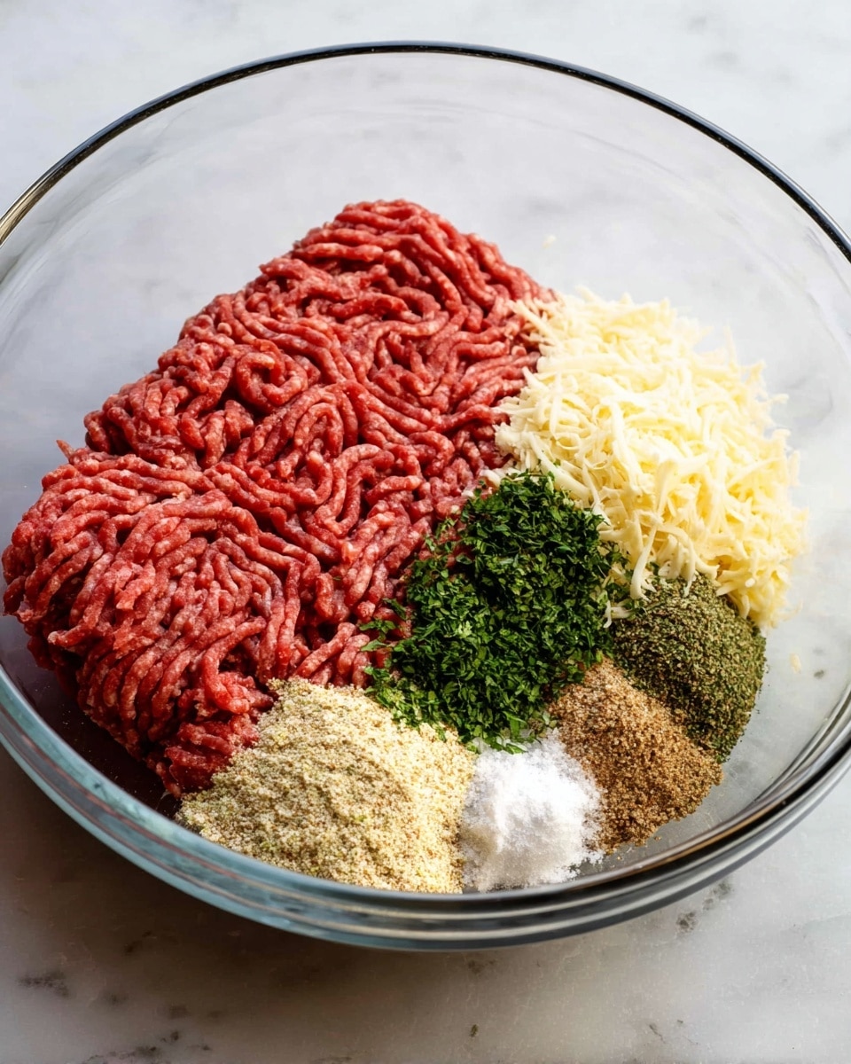 A clear glass bowl holds one large layer of raw ground beef in a rich red color, positioned to the left with a textured surface of meat strands. To the right side of the beef is a pile of finely grated pale yellow cheese. Below the cheese are smaller piles of dry herbs and seasonings: a patch of green chopped parsley, next to darker green dried herbs, a light tan pile of seasoned crumbs, a small mound of white salt, and a light brown ground spice. The bowl is set on a white marbled surface. Photo taken with an iphone --ar 4:5 --v 7
