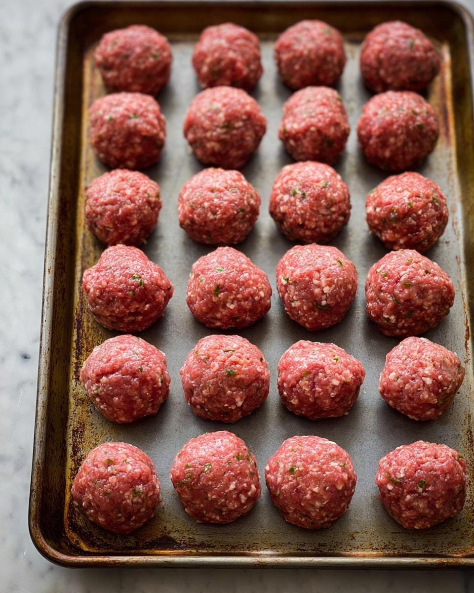The image shows a metal baking tray filled with 20 raw meatballs arranged in a neat grid of 4 rows and 5 columns. Each meatball is round with a slightly rough texture, combining red and pink tones with small white and green specks visible, indicating herbs and seasoning mixed into the meat. The tray has a used, slightly worn look with some brown spots and edges showing signs of use. The background surface is a white marbled texture. photo taken with an iphone --ar 4:5 --v 7