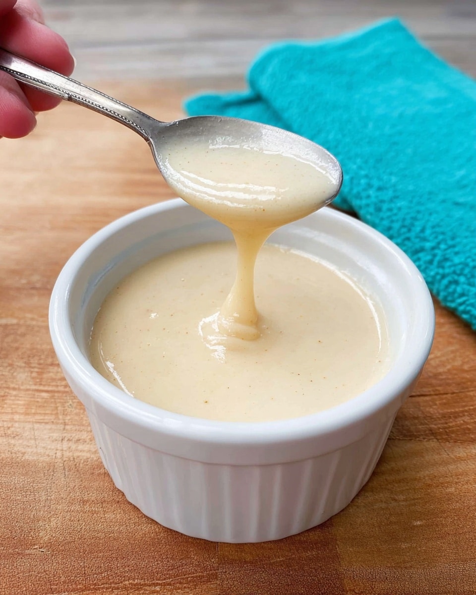 The image shows a white ramekin filled with smooth, creamy beige sauce with a shiny, slightly thick texture. A metal spoon is held above the ramekin by a woman's hand, with the sauce dripping gently off the spoon back into the ramekin. The ramekin is placed on a wooden surface with a turquoise cloth partially visible in the top right corner. The scene is well-lit, highlighting the sauce's texture and creaminess, photo taken with an iphone --ar 4:5 --v 7