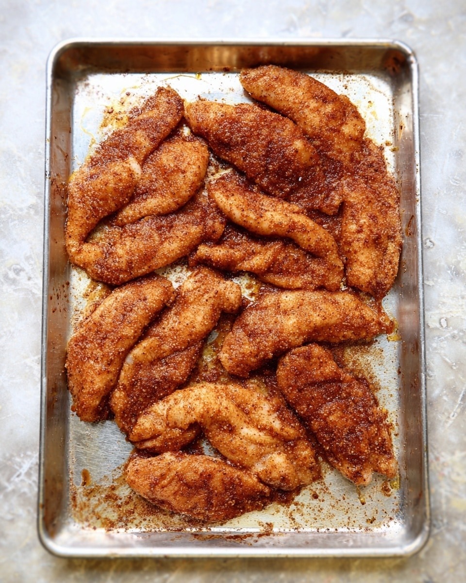 The image shows a single layer of raw chicken strips arranged close together on a silver baking tray. The chicken pieces are coated evenly with a reddish-brown spice mix that gives the strips a textured, slightly grainy look. The tray has some scattered spice particles and slight oil stains around the chicken pieces. The background surface is white with a marbled texture. photo taken with an iphone --ar 4:5 --v 7