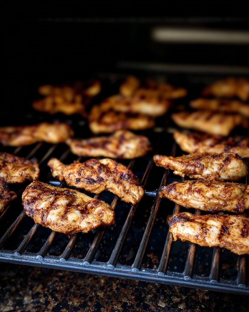 The image shows multiple grilled chicken pieces placed on black grill bars in an oven. Each piece has a browned, slightly charred surface with a mix of golden and dark brown colors, showing a textured, cooked meat look. The grill bars create thin black lines beneath the chicken, and the bottom of the oven shows a bit of grease and burnt bits on a speckled surface. The background fades into dark, keeping focus on the grilled pieces. photo taken with an iphone --ar 4:5 --v 7
