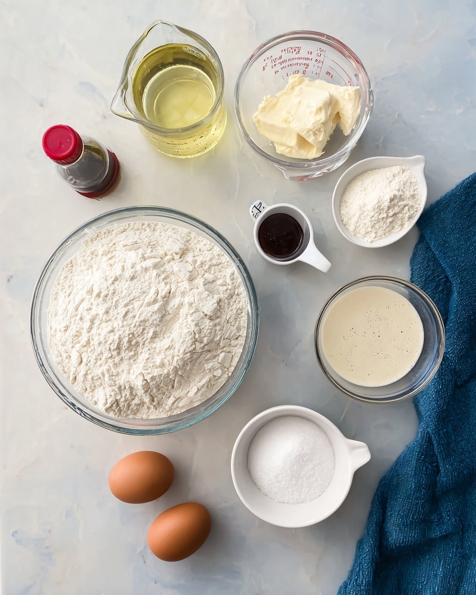 A white marbled surface holds several baking ingredients in clear glass and white bowls and containers: a large clear bowl filled halfway with white flour at the bottom, a medium clear bowl with white granulated sugar near the top right, and a small white bowl with white powder (baking powder and salt) to the bottom left. There are two brown eggs placed side by side near the center. A glass jar with olive oil and a glass measuring cup with cream sit above the eggs. A small white cup labeled