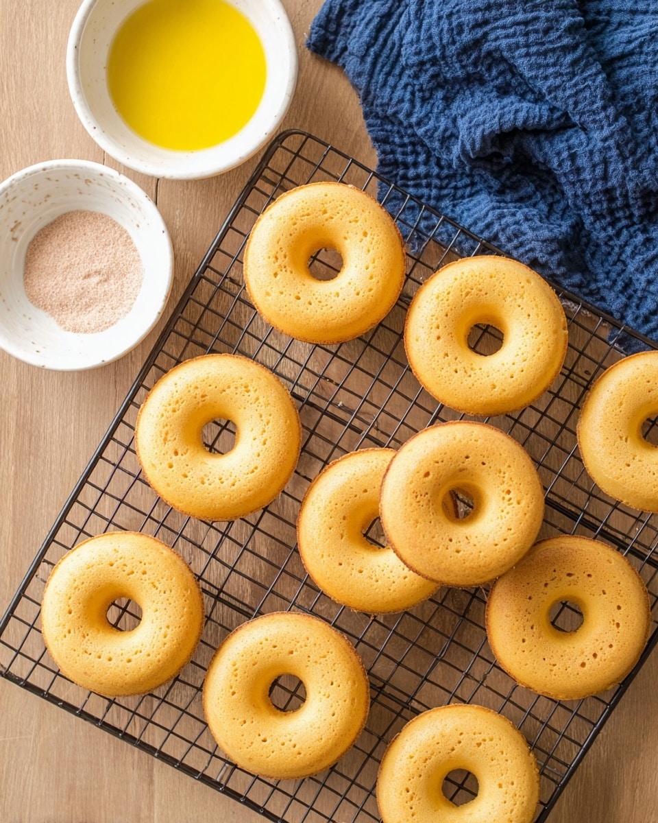 A cooling rack holds twelve light golden brown ring-shaped cakes, each with a smooth texture and small holes on the surface, arranged on a white marbled tabletop. Above the rack, two white bowls sit side by side; one contains a yellow melted substance, likely butter, and the other holds a fine light brown powder, possibly cinnamon sugar. A crumpled navy blue cloth is placed to the top right on the wooden background beside the bowls. photo taken with an iphone --ar 4:5 --v 7