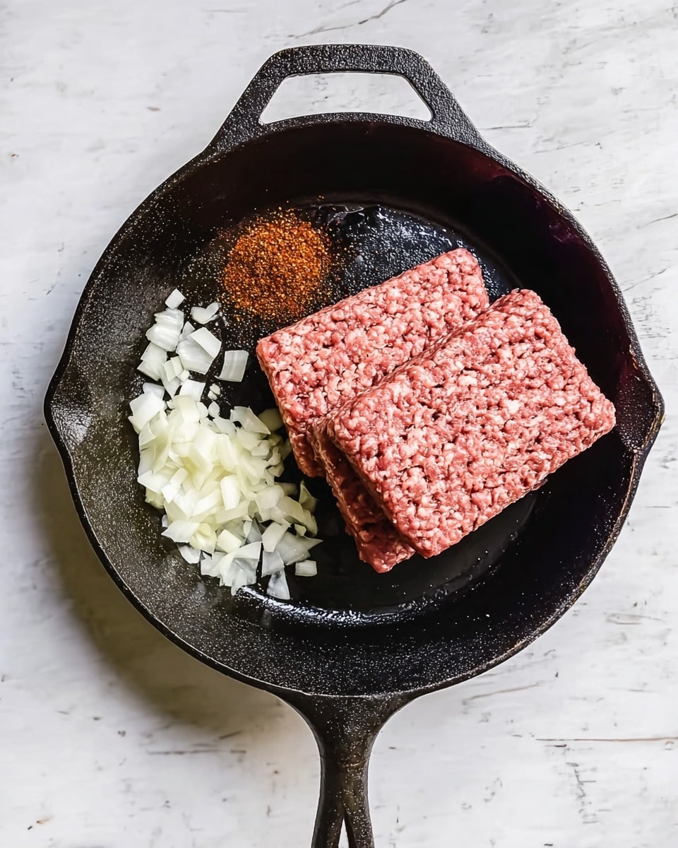 Inside a black cast iron pan on a white marbled surface are two blocks of raw ground meat, one stacked slightly over the other at the right side, both pink with a little white fat texture. To the left of the meat is a small pile of finely chopped white onions. On top of the meat blocks are two small piles of reddish-brown spices. The pan has a thick handle at the top and bottom, and the scene is lit naturally. Photo taken with an iphone --ar 4:5 --v 7