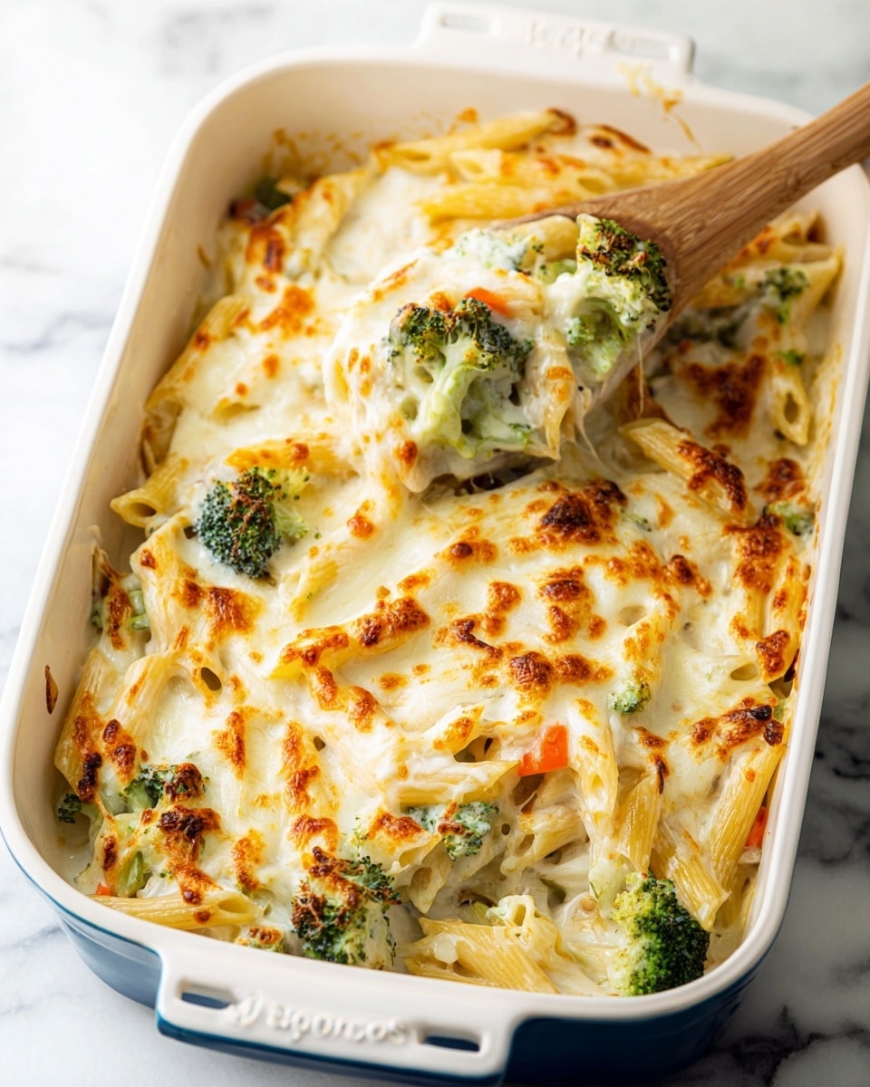 A white baking dish filled with a creamy pasta bake, showing three main layers: a bottom layer of cooked penne pasta mixed with bright green broccoli florets and small bits of orange carrot, topped by thick white cheese sauce that covers the pasta and vegetables evenly. The top layer is a golden-brown melted cheese crust with bubbly spots and some darker toasted areas near the edges. A wooden spoon is scooping from the left side, lifting the creamy pasta and vegetables to reveal a mix of soft textures underneath. The dish is set on a white marbled surface, and the baking dish has a visible blue handle with text. Photo taken with an iphone --ar 4:5 --v 7