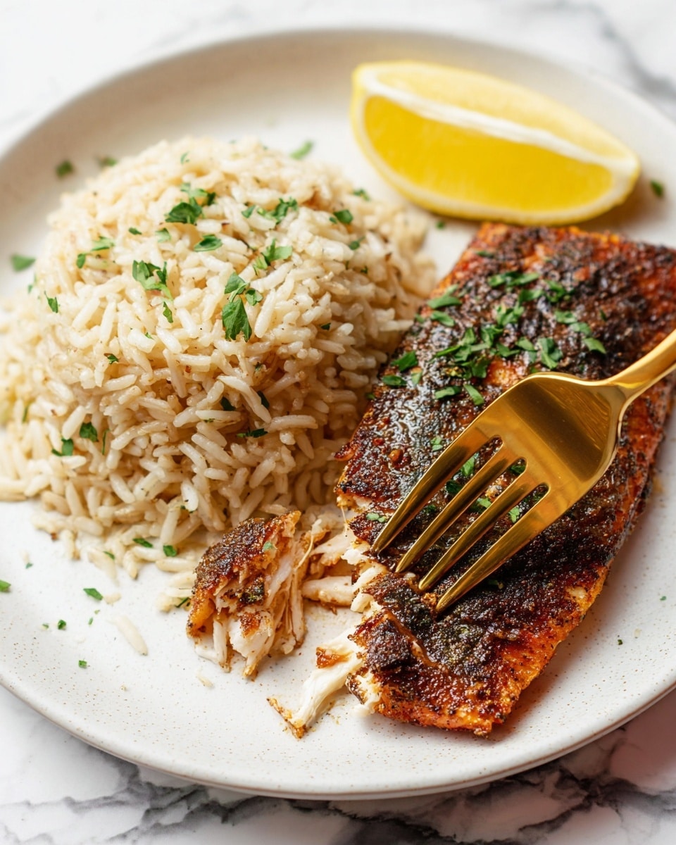 A white plate on a white marbled surface holds a meal with two main parts: on the left, a mound of light brown, fluffy rice sprinkled with small bits of green herbs, and on the right, a piece of grilled fish with a dark brown, crispy skin that has a slightly shiny texture and is also sprinkled with green herbs. A wedge of lemon with a bright yellow peel and soft inner texture sits near the fish at the top right of the plate. A golden fork is pressing gently into the fish, showing the soft pink inside. The photo taken with an iphone --ar 4:5 --v 7