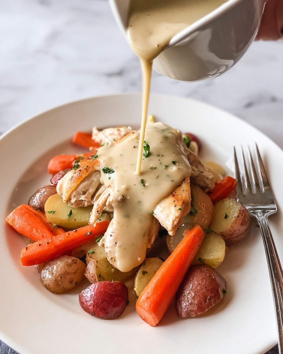 The image shows a white plate on a white marbled surface with three main layers: the bottom layer has small red potatoes and baby carrots with a shiny, cooked texture sprinkled with green herbs; the middle layer consists of light brown cooked chicken pieces resting over the vegetables; the top layer is a thick, creamy beige gravy being poured over the chicken from above, creating a smooth flowing texture that covers part of the chicken. A silver fork is placed on the right side of the plate, and a woman's hand is seen holding the gravy container. Photo taken with an iphone --ar 4:5 --v 7