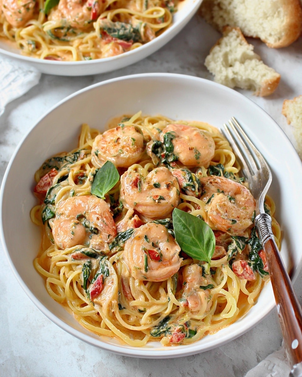 A white bowl is filled with a creamy shrimp pasta dish that has three visible layers: the bottom layer is light yellow twisted spaghetti noodles, the middle layer contains spinach leaves mixed with small green herbs and bits of red tomatoes, and the top layer consists of large pink shrimp coated in a creamy light orange sauce. Fresh bright green basil leaves are scattered on top for garnish. A fork with a wooden and metal handle rests on the right side inside the bowl. In the background, there is a torn piece of bread and a second white bowl with more shrimp pasta on a white marbled surface. Photo taken with an iphone --ar 4:5 --v 7