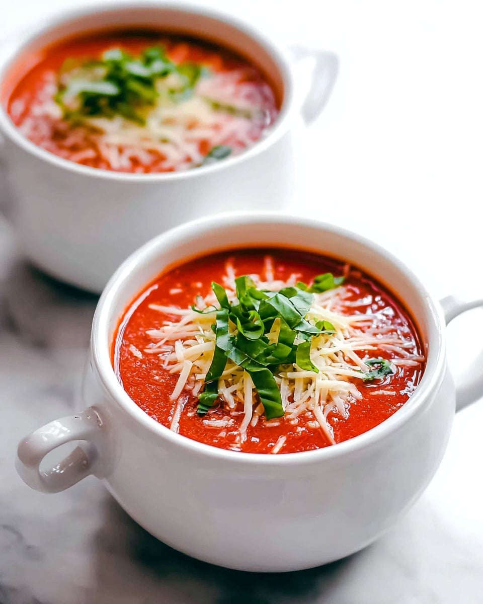 Two white bowls filled with bright red tomato soup. Each bowl has a layer of shredded white cheese on top, covered by thinly sliced green basil leaves in the center. The bowls have handles and sit on a white marbled surface. The focus is on the front bowl, with the second bowl slightly blurred behind it. Photo taken with an iphone --ar 4:5 --v 7