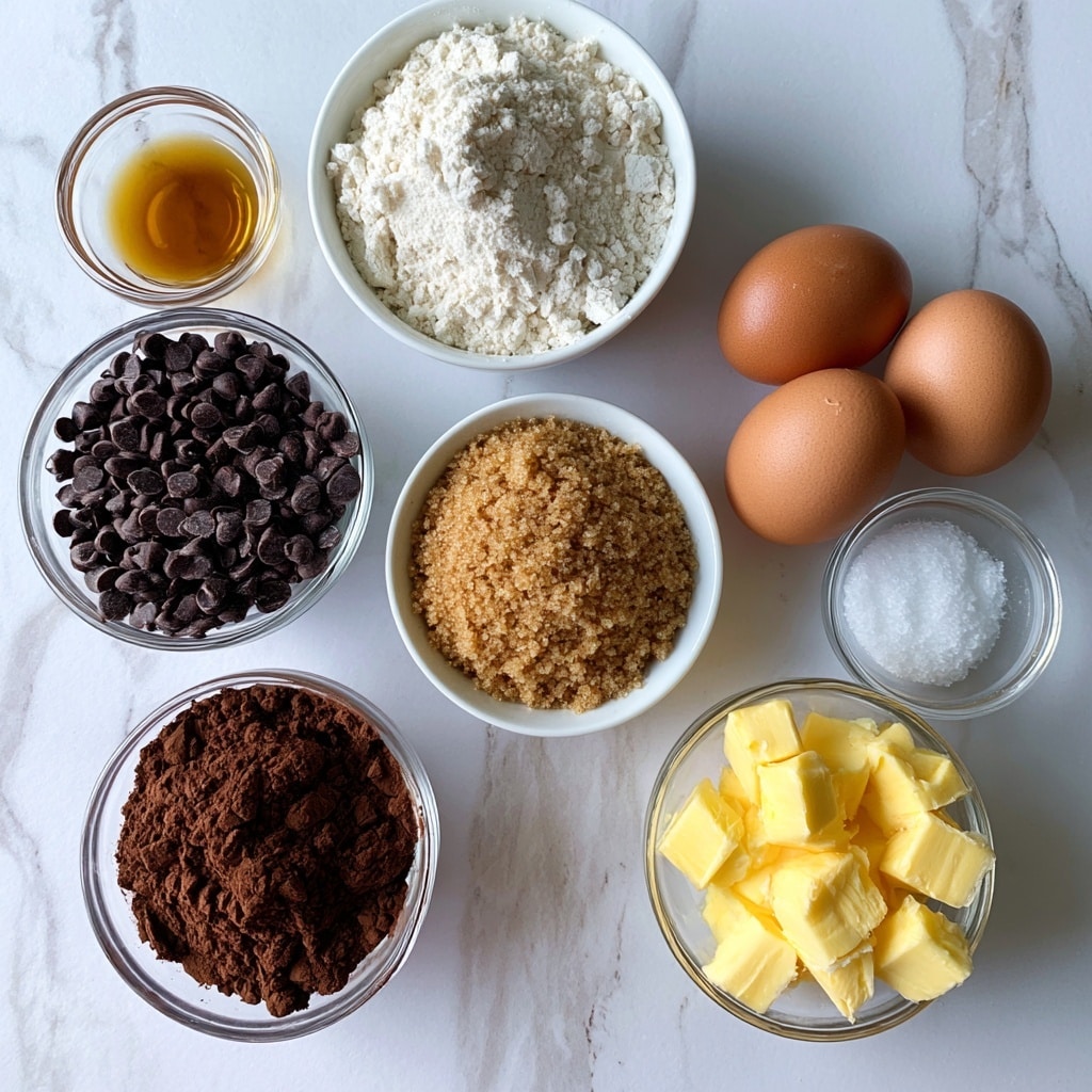 The image shows eight ingredients placed on a white marbled surface. There are three brown eggs grouped on the right side, next to a small clear bowl of white salt. Below these is a small clear bowl filled with yellow butter cubes. Above the butter is a small clear bowl filled with dark brown to black chocolate chips. In the middle is a small white bowl full of light brown sugar. To the left of this is a small clear bowl with dark brown cocoa powder. Above the cocoa is a small clear bowl filled with white flour. Near the top left corner is a very small clear bowl with a golden-colored vanilla liquid. Each ingredient is labeled clearly with simple text in dark blocks. photo taken with an iphone --ar 4:5 --v 7