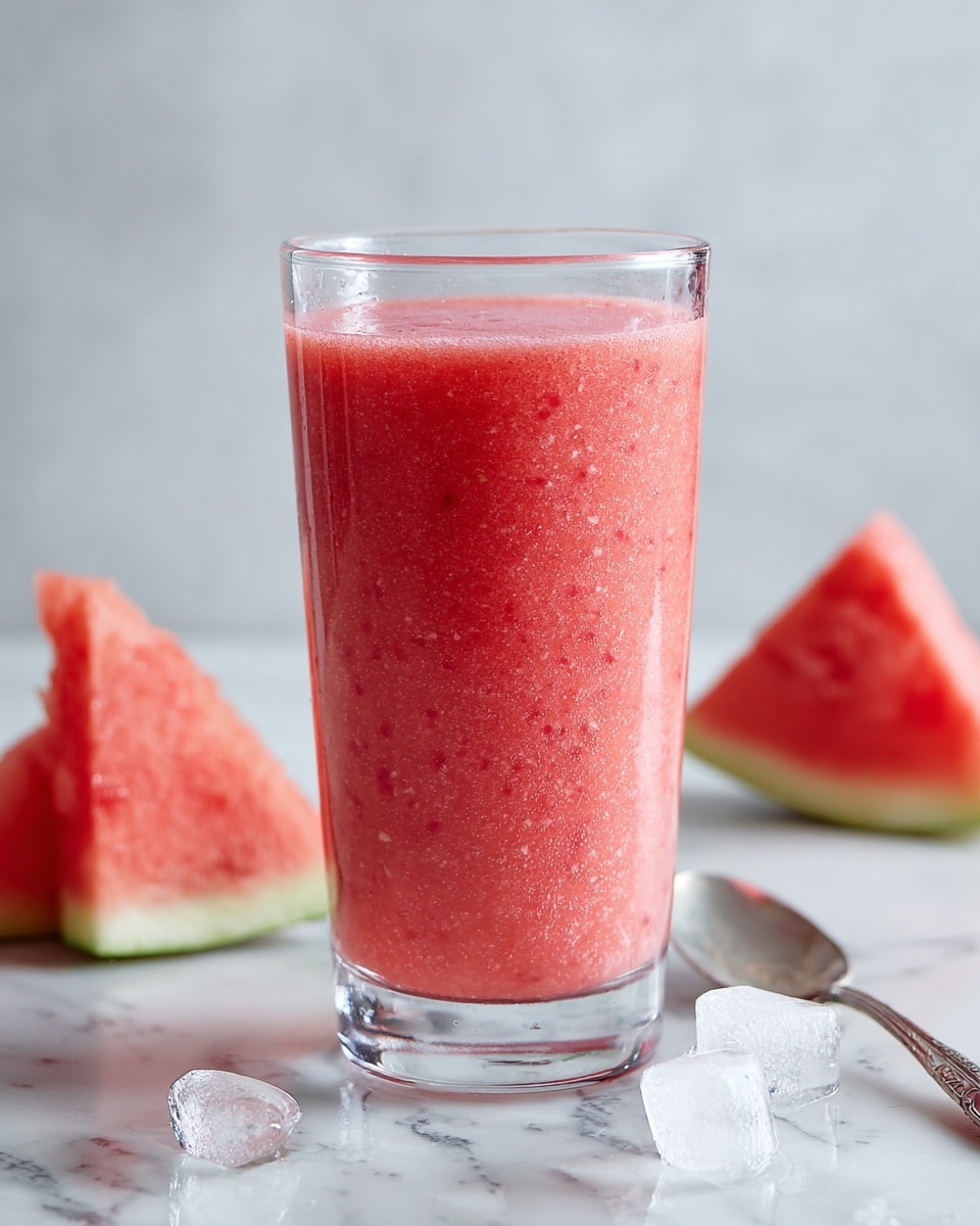 A tall clear glass filled with a bright pink-red smoothie that looks thick with tiny bits inside. In the background, there are two triangular watermelon slices with green rind at the bottom, resting on a white marbled surface. A few ice cubes lie scattered near the base of the glass, and a silver spoon is placed on the right side towards the bottom. The setting is clean and bright with soft light reflecting off the glass. photo taken with an iphone --ar 4:5 --v 7