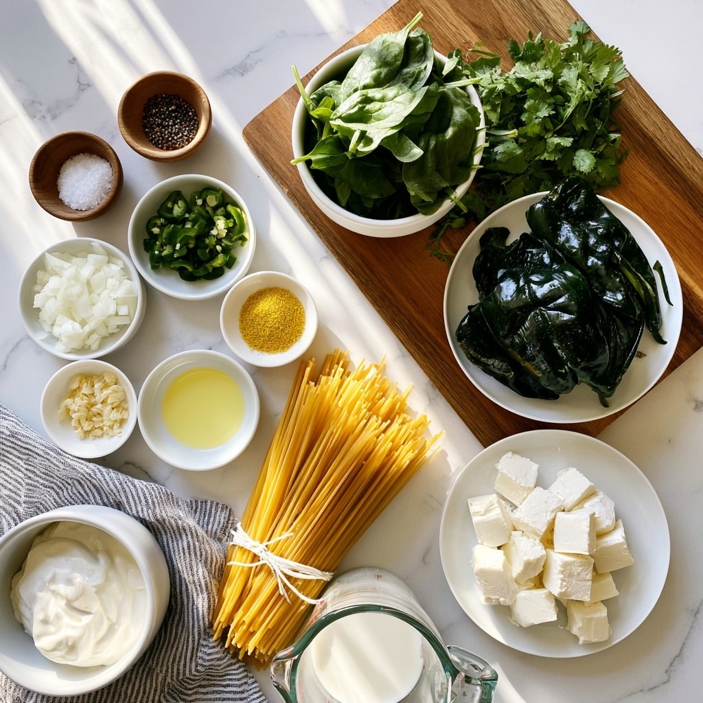 The image shows a flat lay of cooking ingredients arranged on a white marbled surface with a wooden cutting board near the top right. On the cutting board, a white bowl filled with fresh green spinach leaves sits near the top, with a bunch of cilantro leaves to the right. Below the spinach bowl, a white plate holds dark green poblano peppers. To the left of the board, small white bowls contain diced white onions, chopped green jalapeno peppers, minced garlic, yellow bouillon granules, and a pale yellow oil. There are two small wooden bowls at the top left holding salt and black pepper. In the lower center, a bunch of uncooked golden spaghetti tied with white string stretches horizontally, with a clear glass measuring cup filled with white milk slightly below it. To the right of the milk, a white plate holds cubes of white cream cheese, and near the bottom left, a white bowl is filled with white sour cream or Mexican crema. A gray striped cloth partially appears under the cream cheese plate. The whole setting is neat and bright, photographed with soft natural light. photo taken with an iphone --ar 4:5 --v 7