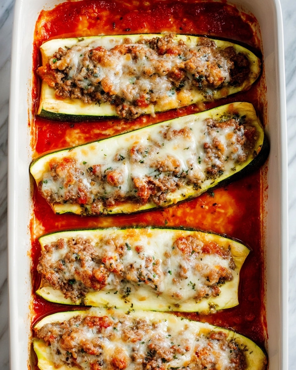 The image shows a white baking dish filled with three long zucchini halves placed side by side. Each zucchini half is topped with a layer of cooked ground meat mixed with herbs, covered by a layer of melted cheese that is golden and slightly browned in spots. The zucchinis sit on a thick layer of bright red tomato sauce that fills the bottom of the dish and peeks out around the edges. The edges of some zucchini slices are visible, showing the green skin and light green flesh. The dish rests on a white marbled surface. photo taken with an iphone --ar 4:5 --v 7