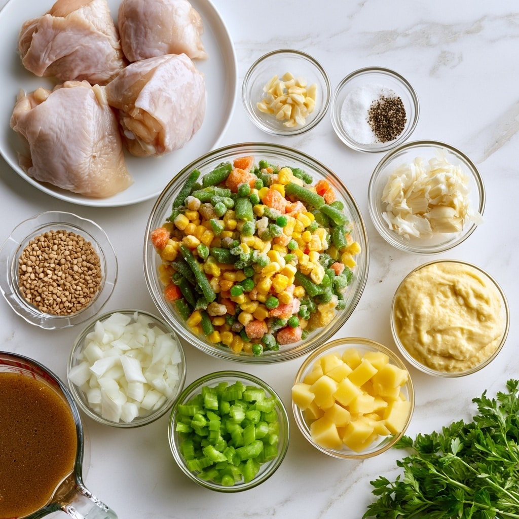 The image shows raw food ingredients neatly arranged on a white marbled surface. At the top left, a white plate holds four large pale pink chicken pieces. Next to it, on the right, is a blue and yellow Pillsbury biscuit can on its side. Below and to the right of the can are three small clear bowls containing light brown seeds, chopped garlic, and a mix of salt and black pepper. At the center, a larger clear bowl is filled with a colorful mix of frozen vegetables including green beans, carrots, corn, and peas. Surrounding this bowl are smaller clear bowls with diced white onions, bright green chopped celery, yellow cubed potatoes, and a thick creamy yellow mixture. At the lower left is a glass measuring cup with brown broth or sauce. In the bottom right corner, fresh green parsley sits on the surface. The whole scene is bright and clean with an organized feel. photo taken with an iphone --ar 4:5 --v 7