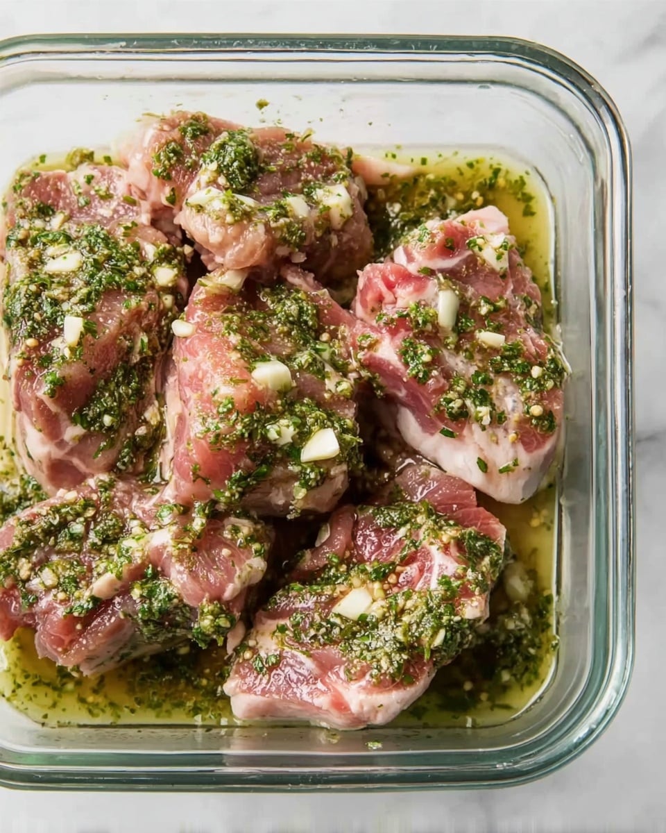 A clear glass tray holds several pieces of raw meat with pale pink and red tones, each piece coated unevenly with a green herb marinade mixed with small white garlic pieces and specks of black pepper. The marinade appears oily and chunky, soaking into the meat and pooling slightly at the bottom of the tray. The tray sits on a white marbled surface, and the overall look is fresh and vibrant with the contrast of colors between the meat and herbs. Photo taken with an iphone --ar 4:5 --v 7