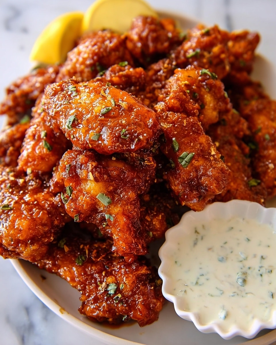 A close-up view of a white plate filled with many pieces of crispy fried chicken wings coated in a shiny, reddish-brown sauce, sprinkled with small green herb pieces. To the right side of the plate is a small white scalloped bowl filled with a creamy white dipping sauce with green herb bits. Behind the bowl, there are two yellow lemon wedges partially visible. The plate sits on a white marbled surface. Photo taken with an iphone --ar 4:5 --v 7