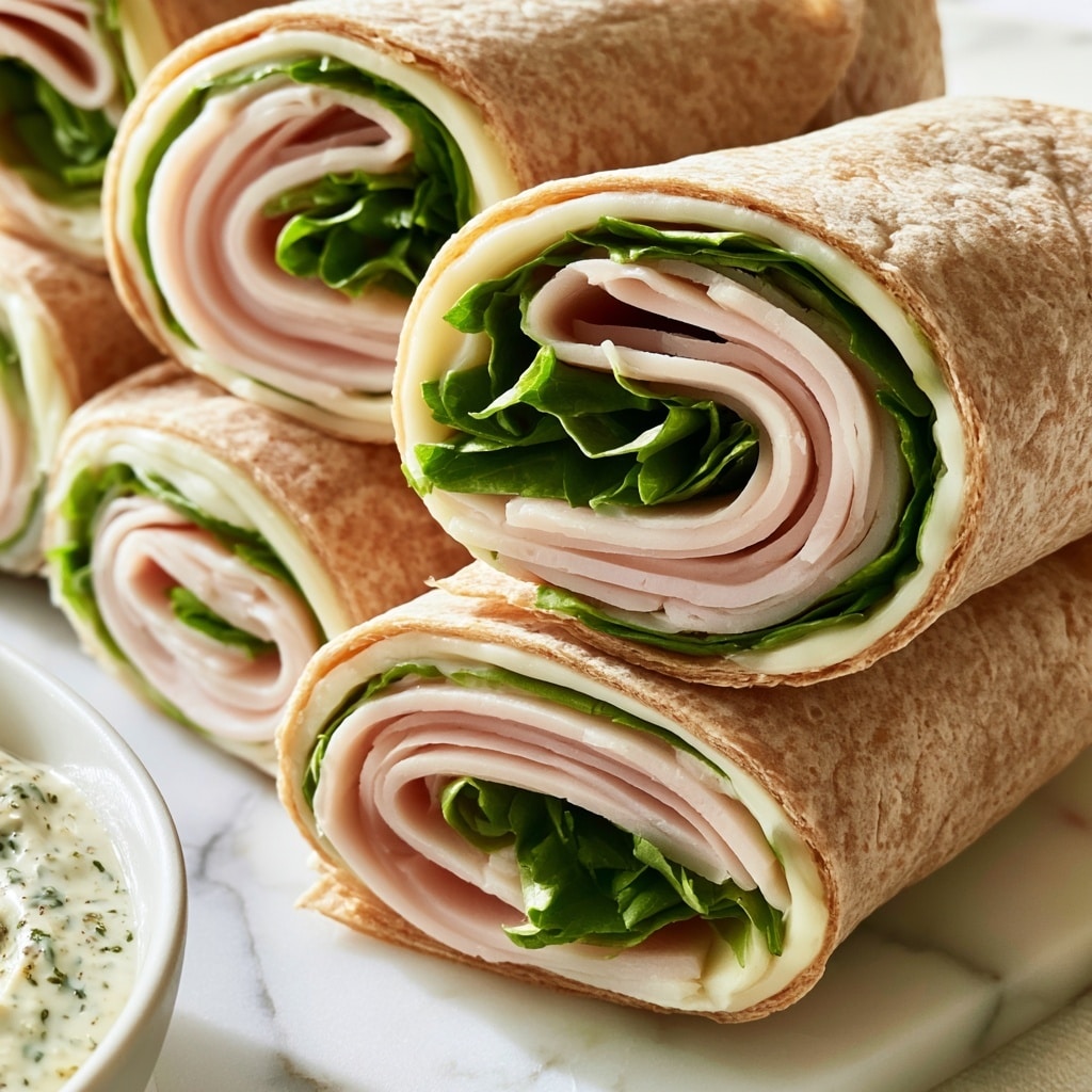 A close-up view of several sandwich pinwheel slices aligned in a row on a wooden board, each held together with a wooden toothpick. Each pinwheel has four visible layers: the outermost layer is a light brown tortilla wrap, inside that is a thick pale yellow cheese layer, next a few thin slices of pale pink turkey or deli meat with some creamy sauce drizzled on top, and lastly some bright green lettuce leaves in the center. The background is blurred with a white marbled texture. photo taken with an iphone --ar 4:5 --v 7