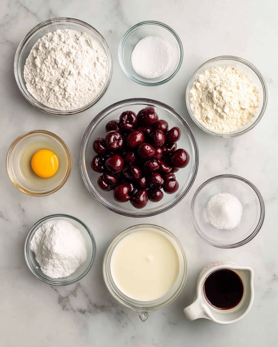 A top view of nine glass bowls placed on a white marbled surface, each containing different ingredients. The largest bowl in the center holds dark red, halved cherries with a shiny texture. Surrounding it are smaller bowls arranged symmetrically: one with white flour, one with white powdered sugar, one with granulated sugar, and one with a single raw egg showing a bright yellow yolk. There is also a bowl with clear cooking oil, a small bowl with white baking powder, another with creamy white buttermilk in a measuring cup, and a tiny white bowl filled with dark brown vanilla liquid. All the bowls are clear except the vanilla one, which is white. The ingredients are neatly arranged with good lighting and no extra items visible, photo taken with an iphone --ar 4:5 --v 7