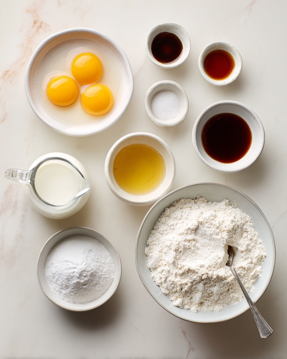 A top-down view of several small white bowls and a white bowl with oat flour on a white marbled surface. The white bowl with oat flour is on the bottom right, filled with fine white powder and has a silver spoon resting inside. To the top left, a white bowl holds two raw eggs with bright yellow yolks. To the right of the eggs are three small white bowls containing dark maple syrup, white salt, and amber vanilla extract lined up from left to right. Below the eggs, there is a clear glass jug full of white milk, and below it, a small white bowl holds a pale golden liquid labeled oil. In the bottom center, another small white bowl contains white baking powder. Each bowl is labeled clearly with its content in black text. photo taken with an iphone --ar 4:5 --v 7
