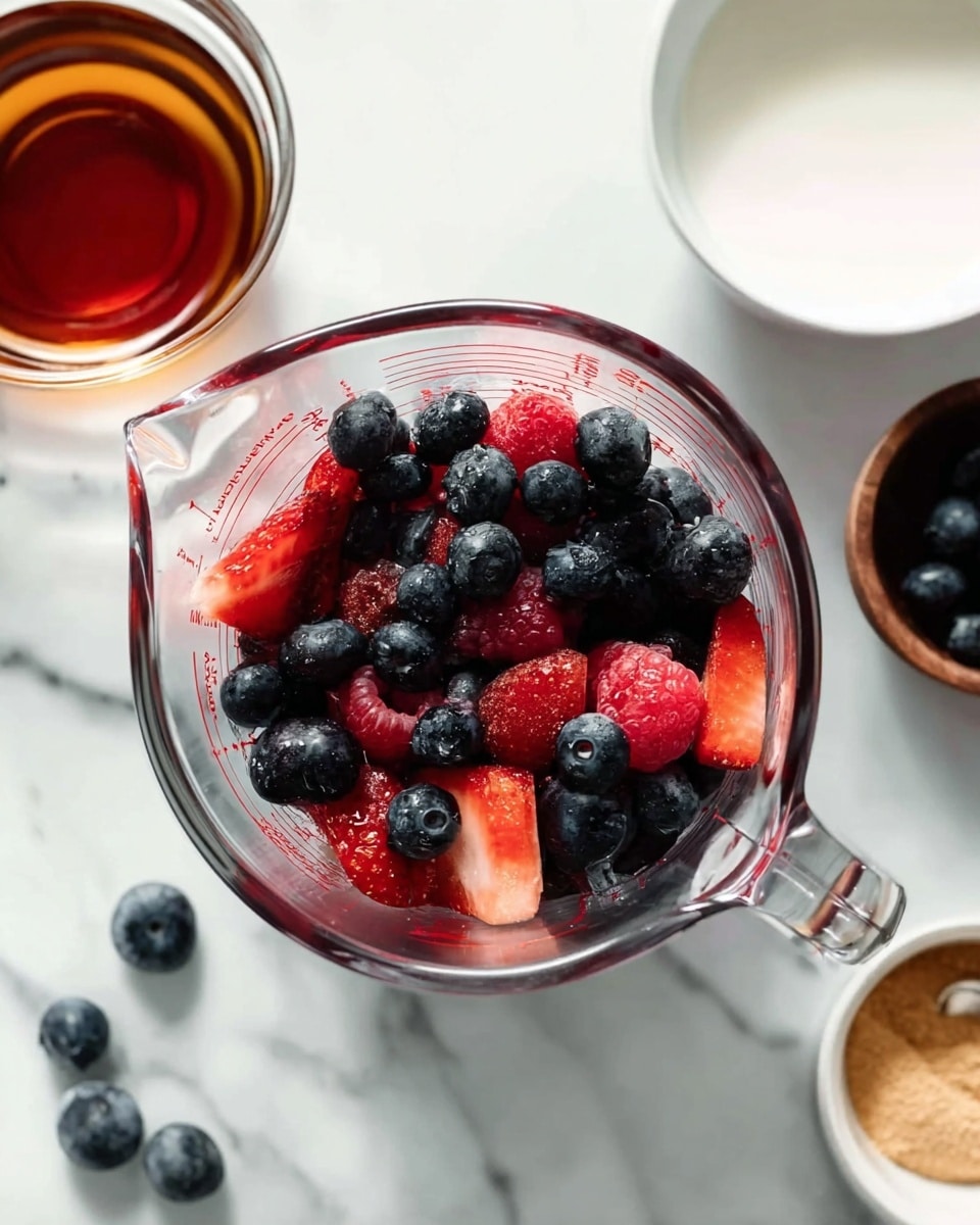 A clear glass measuring cup filled with a mix of whole blueberries, raspberries, and sliced strawberries, showing deep blue, red, and bright red colors with some berry textures visible. Around the measuring cup on a white marbled surface, there is a small bowl with dark amber liquid on the left, a bowl with white thick liquid on the right, and a smaller bowl with light brown powder slightly visible on the far right edge. A few loose blueberries scatter near the bottom left of the measuring cup. The focus is bright and clean with natural light highlighting the fruit’s freshness photo taken with an iphone --ar 4:5 --v 7