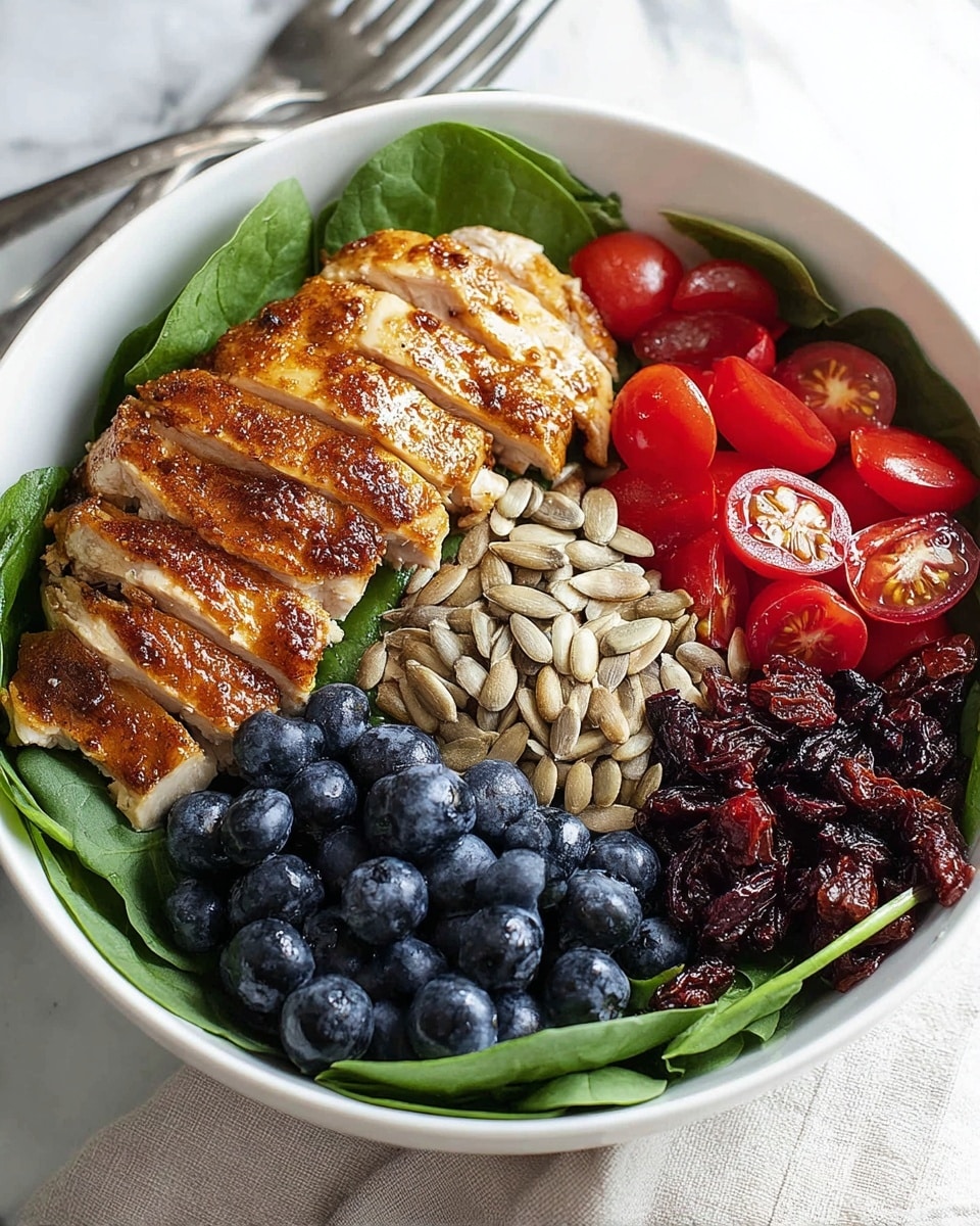 A white bowl contains a fresh salad with five main layers arranged in separate sections: bright green spinach leaves form the base layer, topped with a row of shiny, red grape tomatoes sliced in half, a pile of dark blue whole blueberries, a heap of light beige sunflower seeds, and a small mound of dark red dried cranberries. On top of the spinach base, a piece of golden-brown cooked chicken, sliced into thick strips with crispy skin, is laid on the left side of the bowl. The bowl is placed on a white marbled surface with a silver fork nearby. Photo taken with an iphone --ar 4:5 --v 7