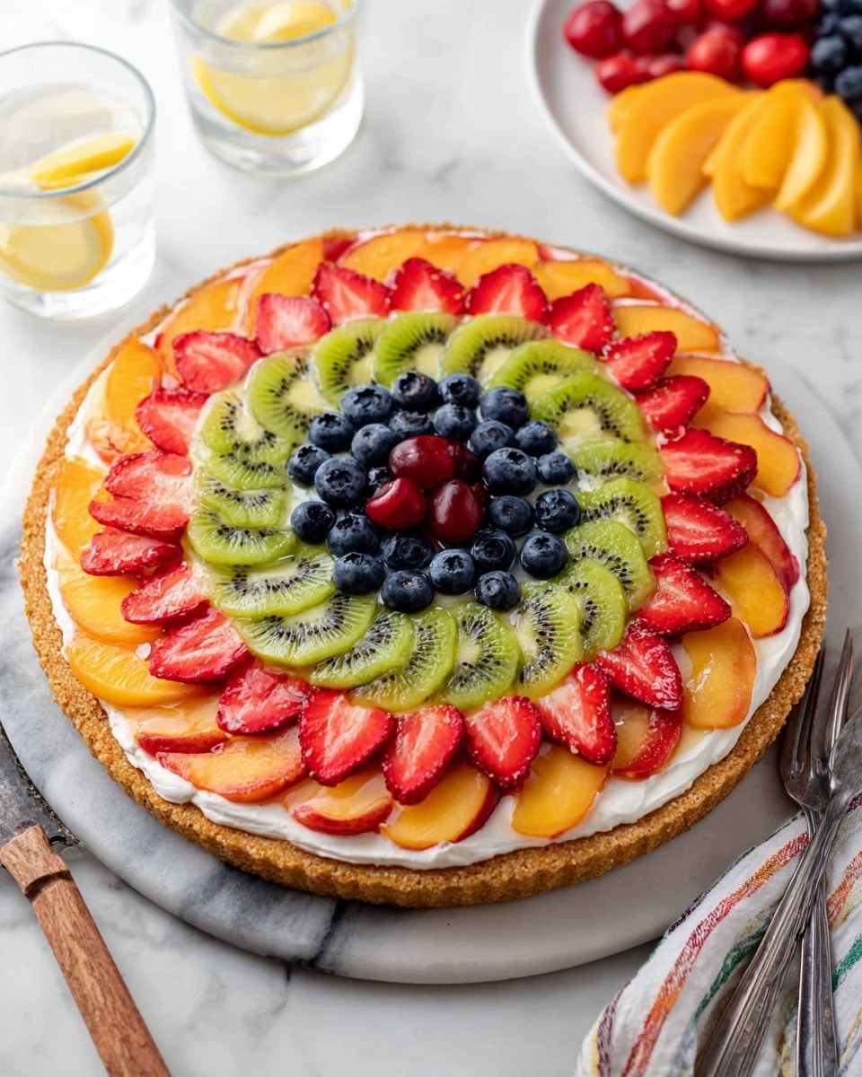 A round fruit tart with three main layers is shown on a white marbled surface. The base is a light golden brown crust. On top of the crust is a thick, smooth white cream layer spread evenly. The fruit is arranged in concentric circles: the outer ring has red strawberry slices with blueberries and red cherries spaced between them; the middle ring consists of bright green kiwi slices; the next ring closer to the center has orange-yellow peach slices; and the center is filled with a cluster of blueberries. The colors are bright and fresh. Nearby, there are two clear glasses with ice and lemon slices, and a white plate with more fruit. Photo taken with an iphone --ar 4:5 --v 7