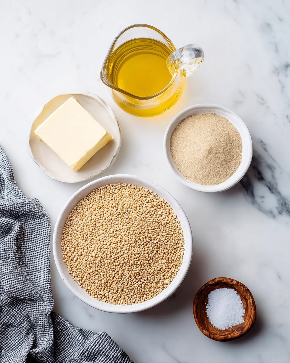 The image shows five containers arranged on a white marbled surface. At the center bottom is a large white bowl filled with small, round, beige grains. Above this bowl is a clear glass jug filled with a golden yellow liquid. To the right of the jug, there is a white bowl containing a fine light brown powder. Below that, a small white dish holds a pale yellow block of butter, and at the bottom right, a small wooden bowl contains coarse white salt. A black and white checkered cloth is partially visible in the bottom left corner. Photo taken with an iphone --ar 4:5 --v 7
