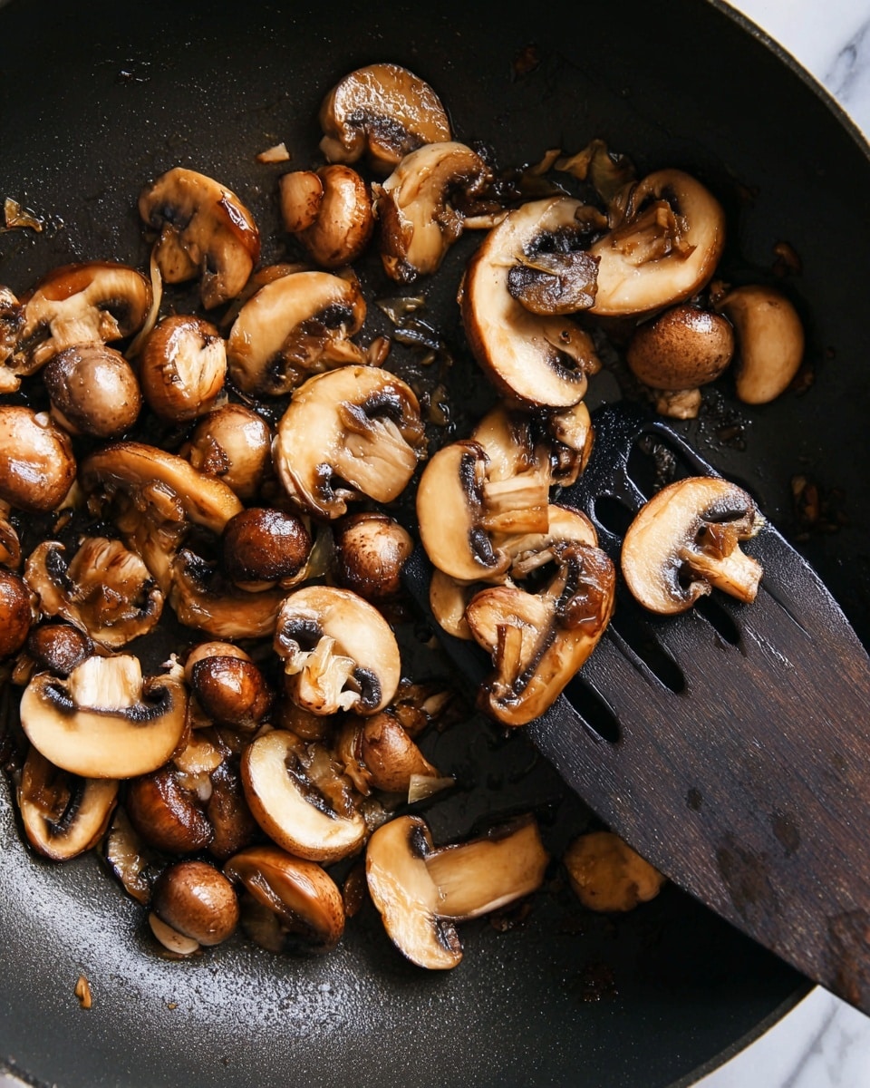 The image shows a black pan with cooked sliced mushrooms and whole small mushrooms. The mushrooms have a light to dark brown color with some parts golden and shiny from cooking. A dark spatula is lifting one mushroom slice on the right side of the pan. The background has a white marbled texture. photo taken with an iphone --ar 4:5 --v 7