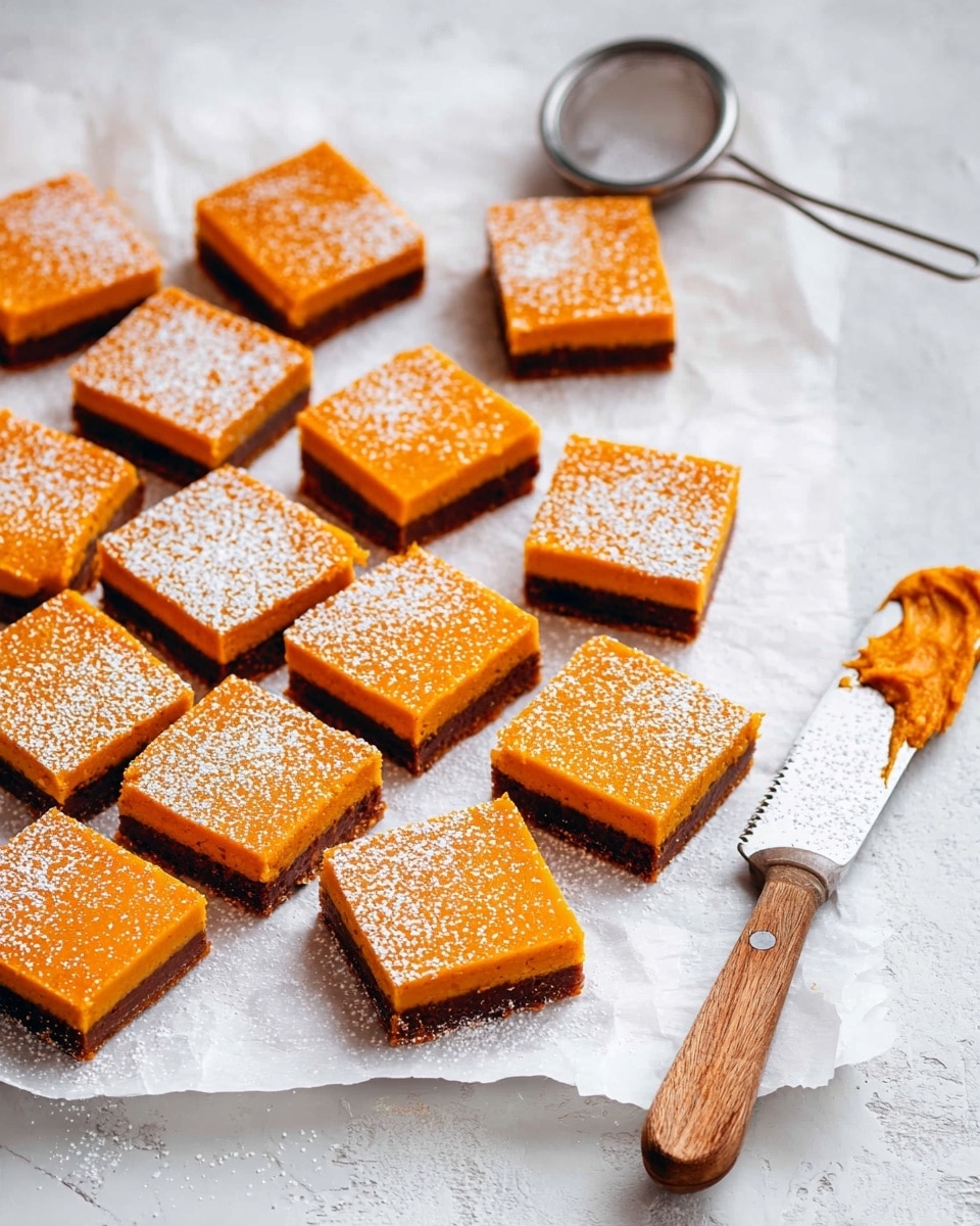 Squares of orange layered dessert with two visible layers, a lighter orange top layer dusted with white powdered sugar and a darker brown bottom layer, are spread on white parchment paper over a white marbled surface. A metal sieve with a wooden handle rests on the top left of the image, with traces of powdered sugar inside, while a knife with a wooden handle and traces of the orange dessert are positioned on the bottom right. The pieces are arranged in a casual way, some scattered and some close together. photo taken with an iphone --ar 4:5 --v 7