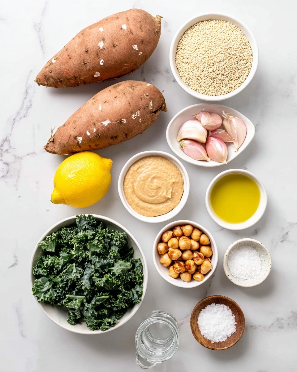 Two whole sweet potatoes with rough brown skin are placed on a white marbled texture. Around them, a small white bowl is filled with finely chopped pink shallots, and another white bowl contains cooked beige quinoa with a soft texture. Two cloves of garlic lie next to a white bowl filled with smooth, bright yellow olive oil. A white bowl holds chopped dark green kale leaves, while a half yellow lemon sits nearby. A small white bowl of creamy light beige tahini and a tiny wooden bowl of salt grains are also shown. A small white bowl contains round, toasted hazelnuts with brown spots, and a clear glass cup with water completes the set. All ingredients are neatly arranged on the white marbled surface. photo taken with an iphone --ar 4:5 --v 7