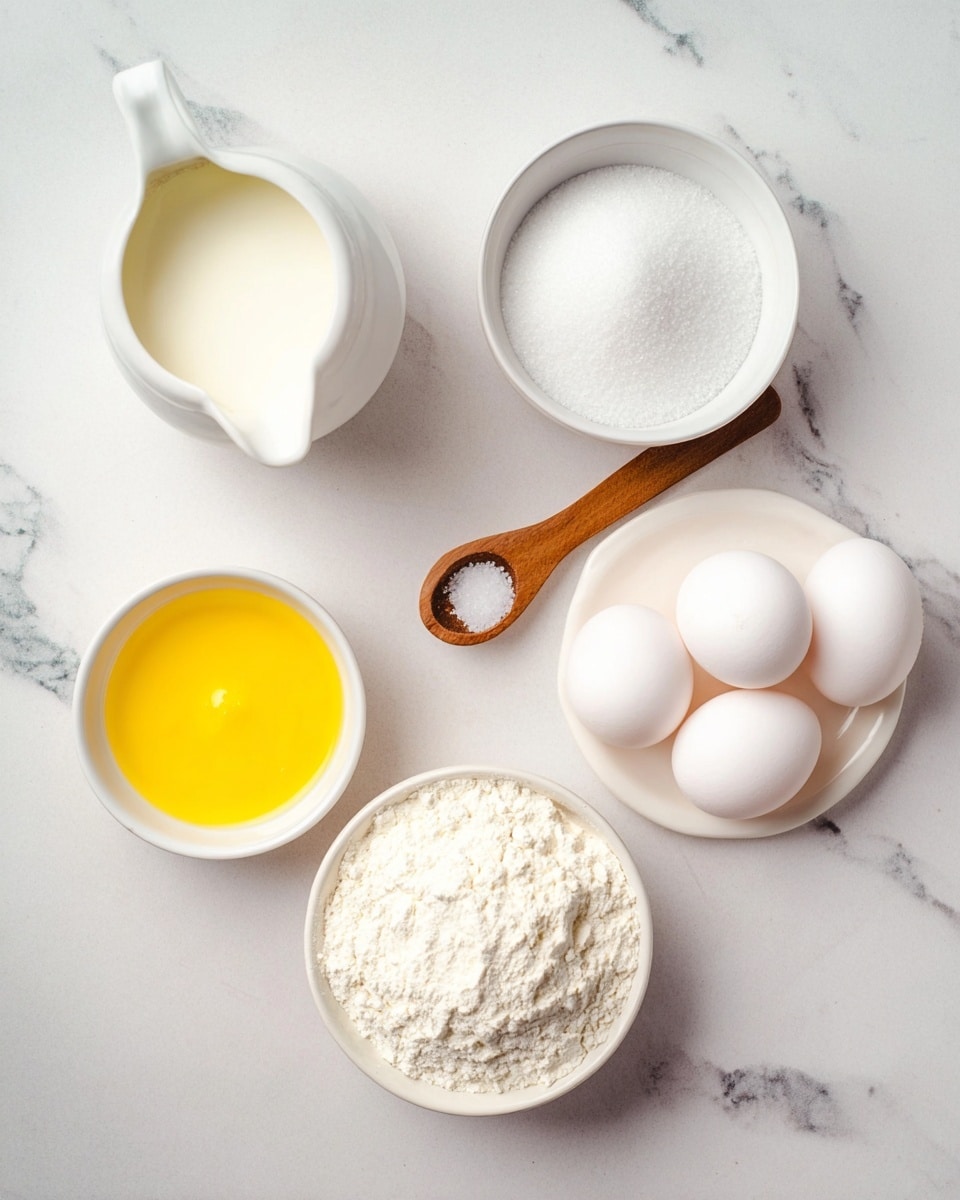 A white ceramic pitcher filled with a creamy white liquid is placed on a white marbled surface near the top left corner. Below it, a small white bowl holds melted yellow butter with a smooth surface. To the right of the butter is a wooden spoon with white salt crystals. On the bottom right, there is a white bowl holding four whole white eggs. Below the eggs, a white bowl contains fine white flour. In the bottom left, there is a small white bowl filled with white granulated sugar. All items are neatly arranged on the white marbled texture. photo taken with an iphone --ar 4:5 --v 7