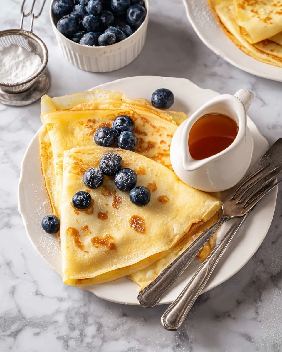 A white plate holds three thin golden-yellow crepes folded into quarters, arranged in layers with light brown spots from cooking, topped with fresh dark blue blueberries scattered on top. To the right of the plate, a small white pitcher filled with amber syrup sits on the plate beside two shiny silver forks. In the background, there are small white bowls, one filled with more blueberries and another with powdered sugar and a metal sifter, all set on a white marbled surface. photo taken with an iphone --ar 4:5 --v 7