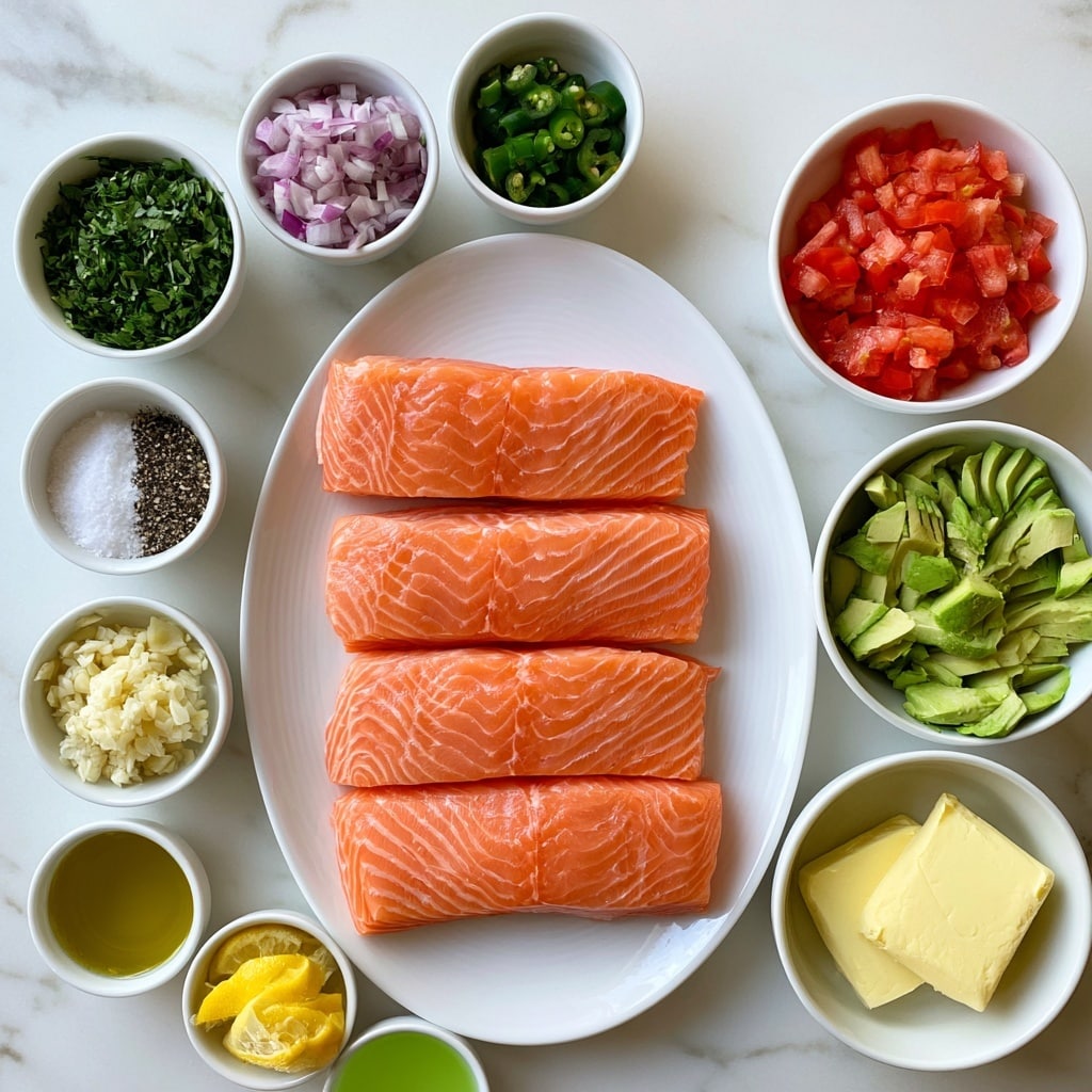 The image shows four salmon fillets placed neatly on a white oval plate in the center. Around the plate are small white bowls containing various ingredients: at the top left, finely chopped green cilantro; below it, chopped red onion; next to the onion, chopped serrano chile; next row down, salt and pepper; below them, minced garlic; then olive oil in a small bowl; next to it lemon juice in yellow; and lime juice in green. On the right side are three more white bowls, with chopped red tomato on top, sliced green avocado in the middle, and two pieces of butter at the bottom. All bowls and the plate sit on a white marbled surface. photo taken with an iphone --ar 4:5 --v 7