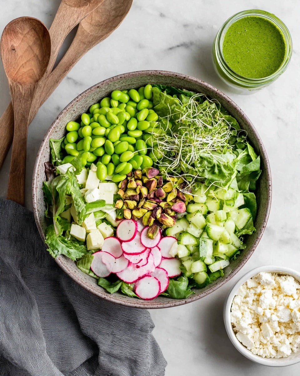A bowl with a base layer of green leafy lettuce fills most of the space, topped with bright green edamame beans on the left side, thin slices of white and red radishes at the bottom left, chopped light green cucumbers on the right, and a small pile of brown pistachios with pinkish highlights in the center. Delicate green sprouts sit in the middle near the top. The bowl sits on a white marbled surface with a small glass jar of green sauce to the right and a white bowl filled with crumbly white cheese at the bottom left. Two wooden spoons and a gray cloth are partially visible around the bowl. Photo taken with an iphone --ar 4:5 --v 7