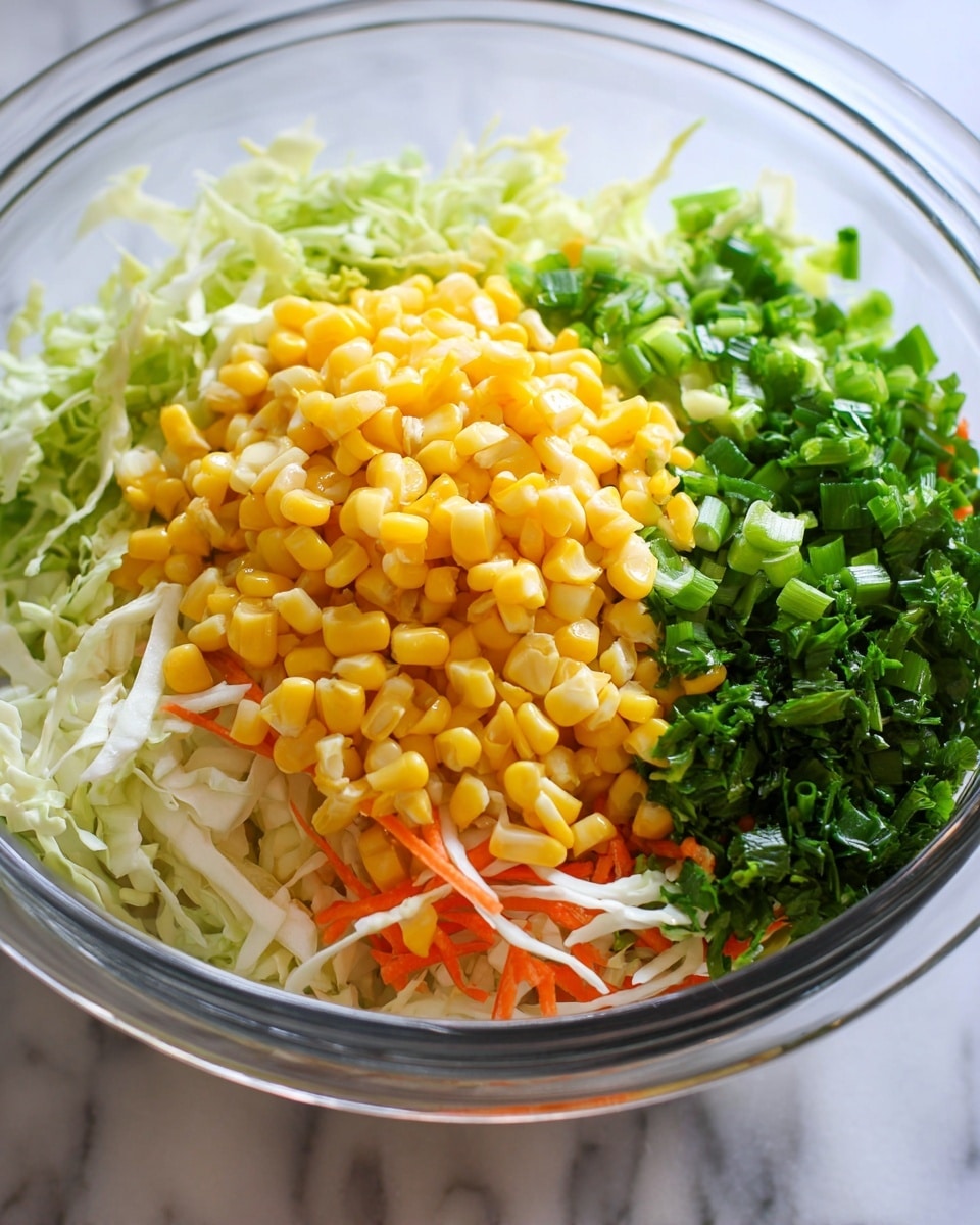 A clear bowl holds layers of fresh salad ingredients, starting from the bottom with a layer of shredded white cabbage mixed with thin orange carrot strips, adding a slightly rough texture. Above it, there is a thick layer of small, bright yellow corn kernels that look soft and sweet. Surrounding the corn on three sides are piles of finely chopped green vegetables, including small light green pieces and darker green herbs, giving a mix of leafy textures and vibrant green colors. The bowl is placed on a white marbled surface, enhancing the freshness of the colors. Photo taken with an iphone --ar 4:5 --v 7