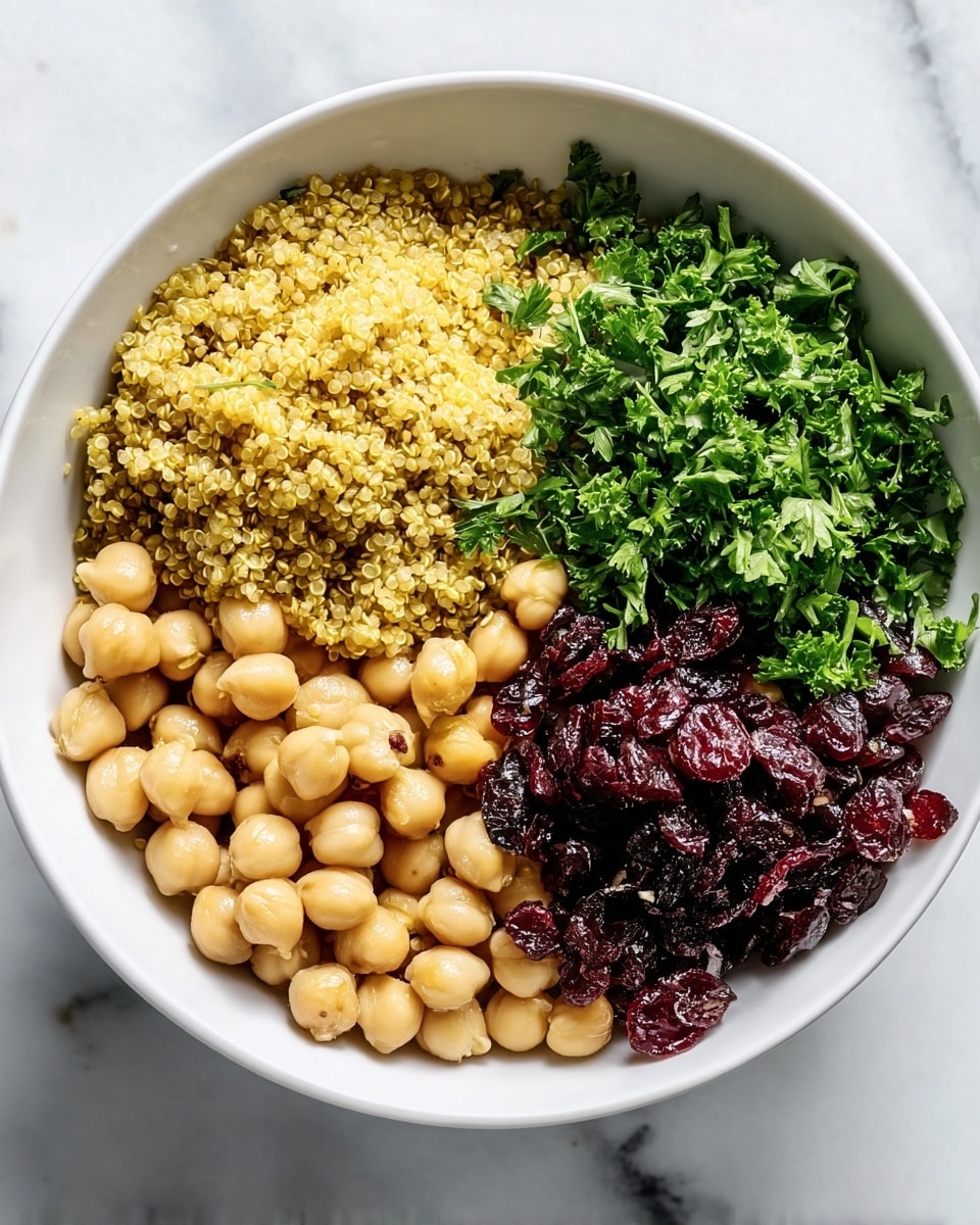 A white bowl on a white marbled surface holds four distinct layers, each occupying a quarter of the bowl's space. Starting from the top, there is a layer of yellow quinoa with a fluffy, grainy texture. To the right, light beige chickpeas with smooth, round shapes form the second layer. Next, fresh green parsley with a leafy, slightly rough texture rests just beside the chickpeas. Lastly, deep red dried cranberries with a shriveled, glossy look complete the last quarter. Some parsley leaves are scattered lightly over the cranberries and chickpeas for added color contrast. Photo taken with an iphone --ar 4:5 --v 7