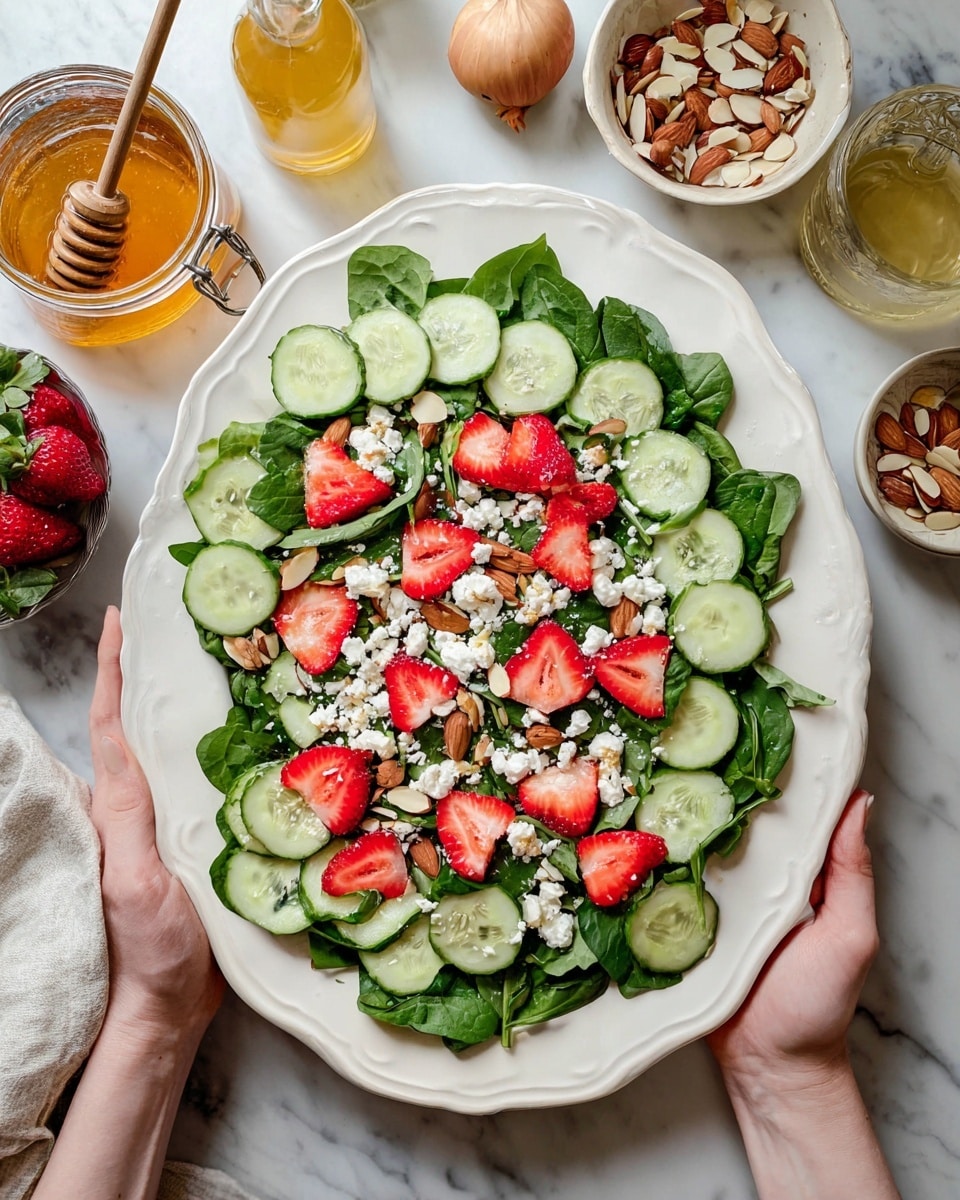 The image shows a white plate filled with a fresh salad arranged in layers. The base layer is dark green spinach leaves and arugula, which have a leafy, textured look. On top of that, there are thin, round slices of cucumber with pale green skin and translucent centers spread evenly. Bright red, sliced strawberries add a pop of color, scattered among the cucumber slices. Crumbled white cheese is sprinkled on top, creating small, soft clusters. Light brown almond slices are scattered over the salad, adding a thin, crunchy texture. Two dark wooden salad servers are held by a woman's hand at the bottom left, partially on the salad. The plate rests on a white marbled surface with a small bowl of almonds and a glass jar of light brown dressing nearby. photo taken with an iphone --ar 4:5 --v 7