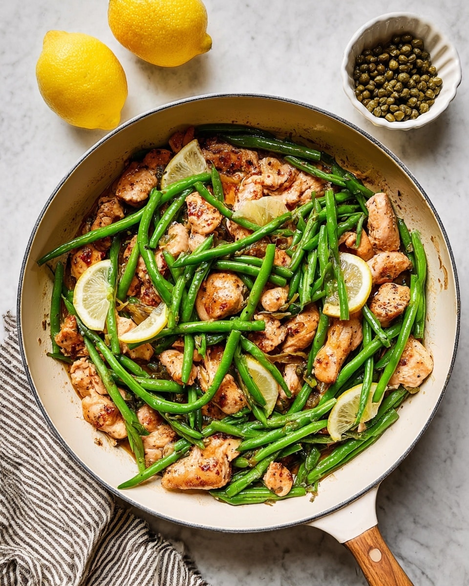 The image shows a white skillet filled with cooked green beans and browned pieces of chicken on a white marbled surface. The chicken pieces are browned and slightly crispy, spread evenly throughout the skillet, while the green beans are fresh green and placed on top and between the chicken. Above the skillet, there are two whole yellow lemons and a small white bowl filled with green capers. A beige and black striped cloth is partially visible under the bottom left side of the skillet. Photo taken with an iphone --ar 4:5 --v 7