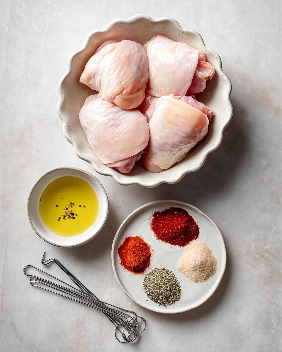 Five raw chicken thighs with smooth, slightly shiny pink skin are placed in a white ceramic bowl with a scalloped edge, positioned at the top center of the image. Below the bowl, there is a small white bowl filled with pale yellow olive oil that has small black specks. To the right of the olive oil bowl, a round white dish contains a mix of colorful spices: red paprika, black pepper, white salt, and light brown powders, each in separate sections. On the left side, a set of silver metal skewers with looped handles lie on a white marbled textured surface. The whole setup is arranged neatly on this white marbled surface with soft natural light highlighting the colors and textures. photo taken with an iphone --ar 4:5 --v 7