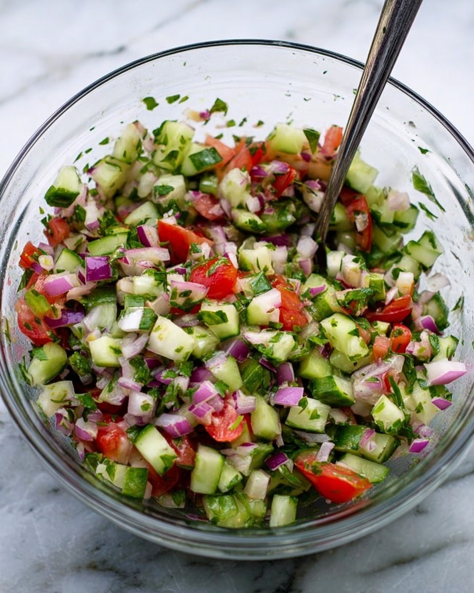 A clear glass bowl filled with a fresh salad made of small, chopped pieces of green cucumber, red tomato, purple onion, and green herbs mixed evenly throughout. The ingredients create a colorful mix with light green, red, purple, and dark green tones. A silver spoon stands inside the bowl, resting against the side. The bowl is placed on a white marbled surface, and the scene looks natural and bright. photo taken with an iphone --ar 4:5 --v 7