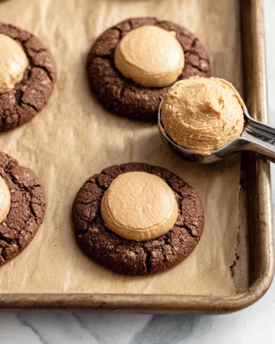 The image shows a baking tray lined with brown parchment paper holding several baked cookies. Each cookie has two layers: the bottom layer is dark brown, cracked with a rough texture, and looks soft and rich, while the top layer is a smooth, round, light tan dollop resting in the center of the bottom layer, giving a two-toned look. A metal cookie scoop filled with the light tan dough is placed near the top, slightly above one cookie, adding a sense of action. The background is changed to a white marbled texture. Photo taken with an iphone --ar 4:5 --v 7