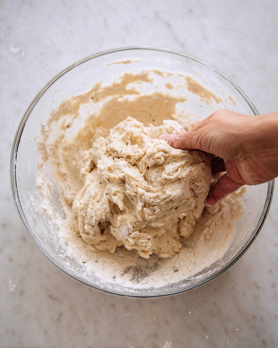 A clear glass bowl filled with thick light beige dough that has a soft, slightly sticky texture. In the center, a woman's hand is lifting and pinching some of the dough, revealing a layer of fine white and brown speckled powder being mixed in. The bowl rests on a white marbled surface, and there is some loose flour dust clinging to the sides of the bowl. The overall look is soft and slightly rough from the dough and powdered mixture photo taken with an iphone --ar 4:5 --v 7